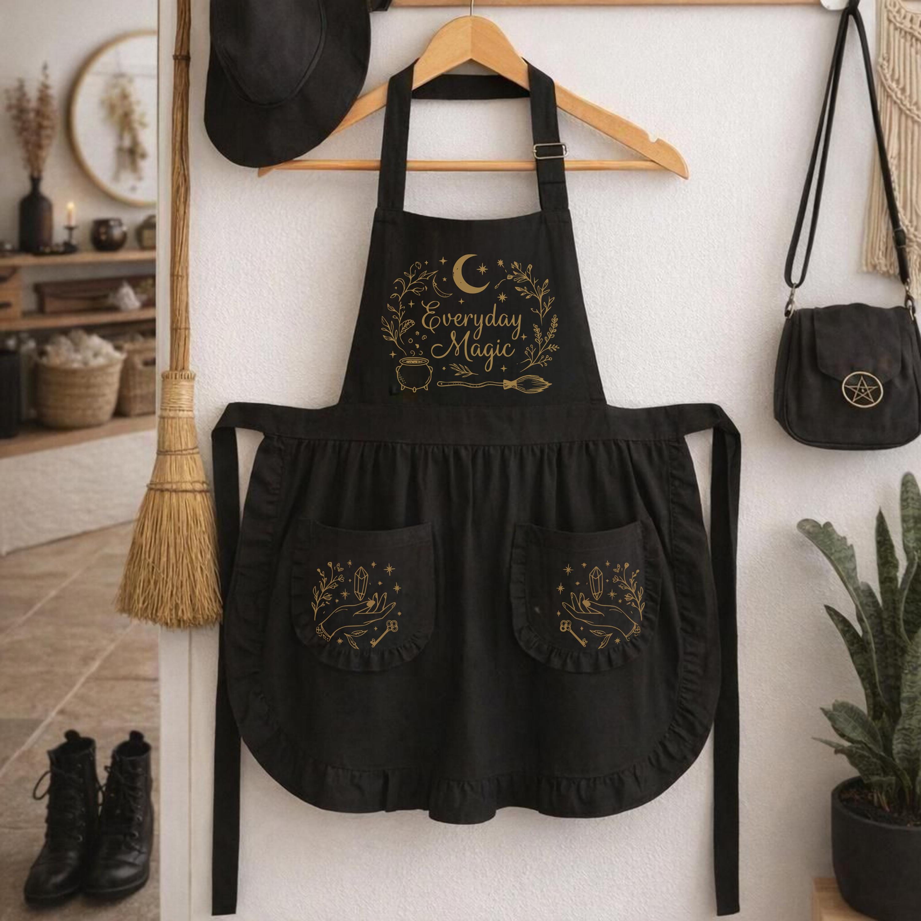 Whimsigoth Ruffled Apron with Pockets, Witchy Kitchen Decor, Cute Cottagecore Baking Gift for Her, Everyday Magic Poly-Cotton Ruffle Smock