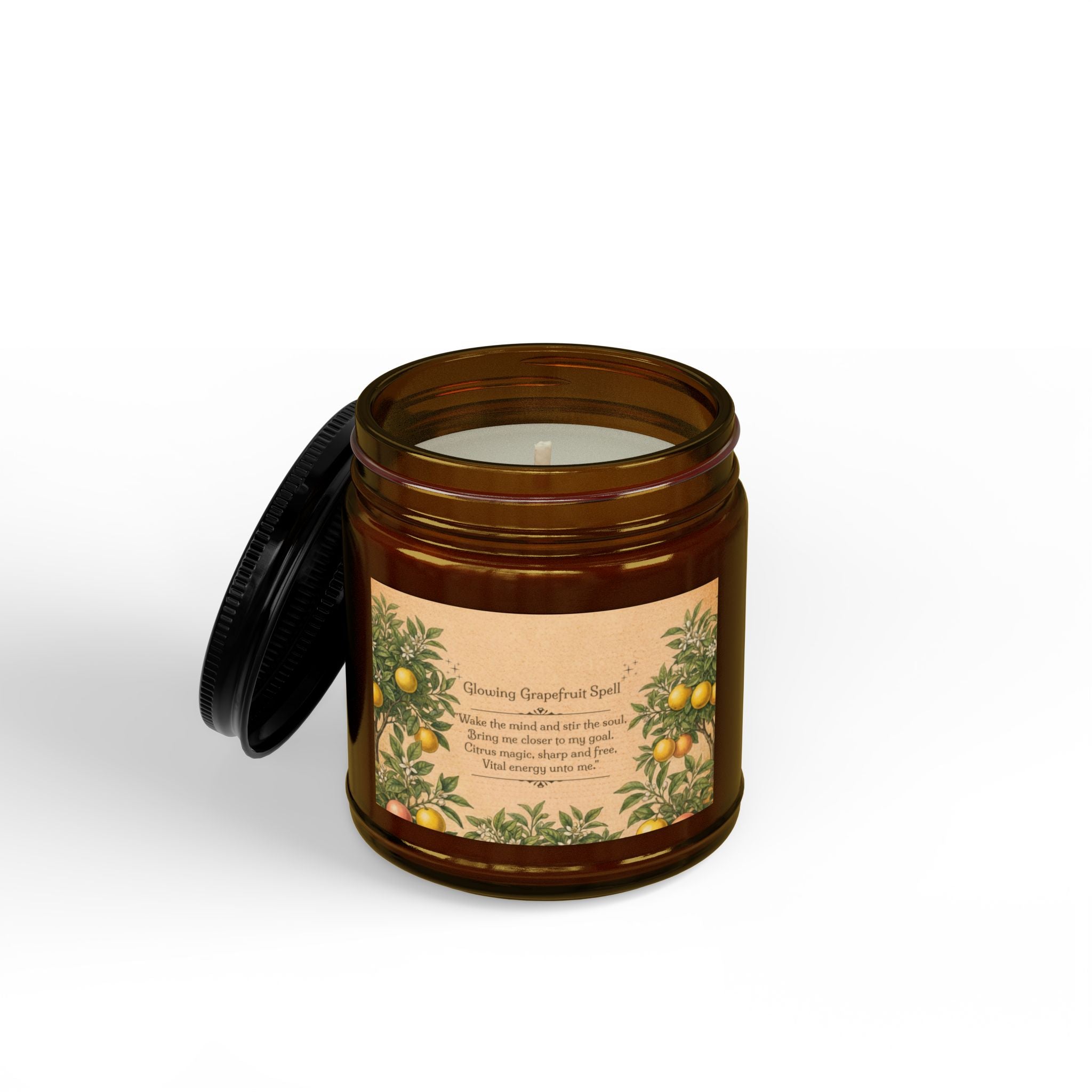 Glowing Grapefruit Scented Soy Spell Candle 4oz 9oz | Amber Jar with Black Lid