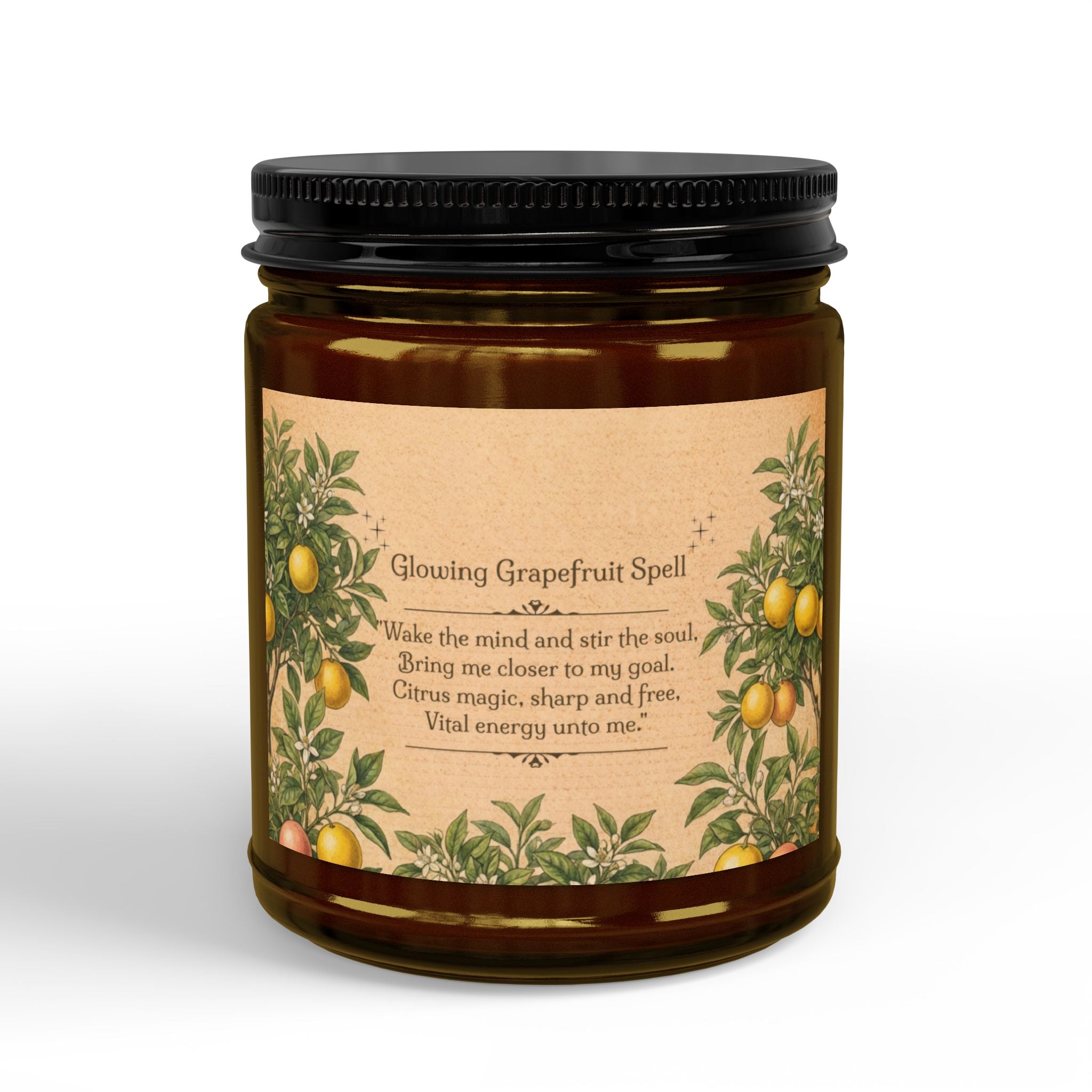 Glowing Grapefruit Scented Soy Spell Candle 4oz 9oz | Amber Jar with Black Lid