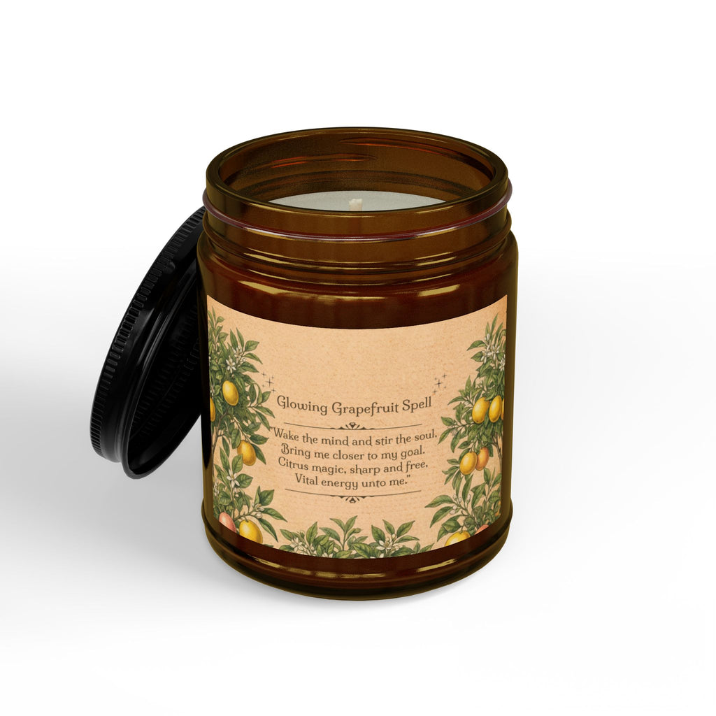 Glowing Grapefruit Scented Soy Spell Candle 4oz 9oz | Amber Jar with Black Lid