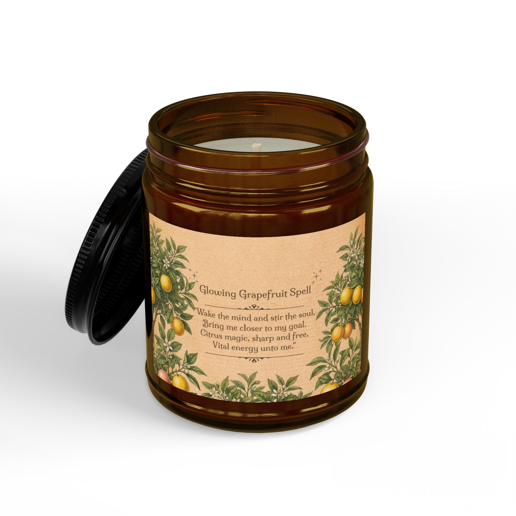 Glowing Grapefruit Scented Soy Spell Candle 4oz 9oz | Amber Jar with Black Lid