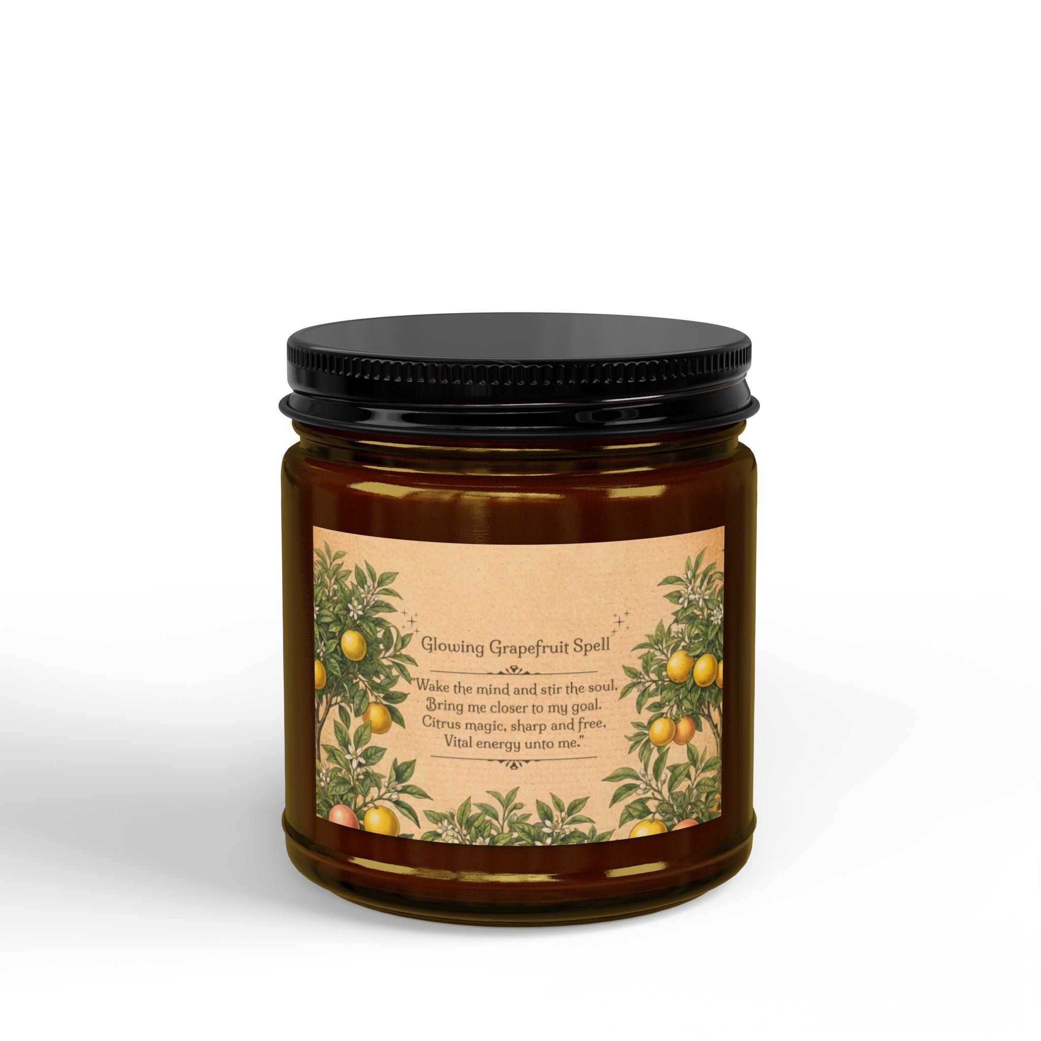 Glowing Grapefruit Scented Soy Spell Candle 4oz 9oz | Amber Jar with Black Lid