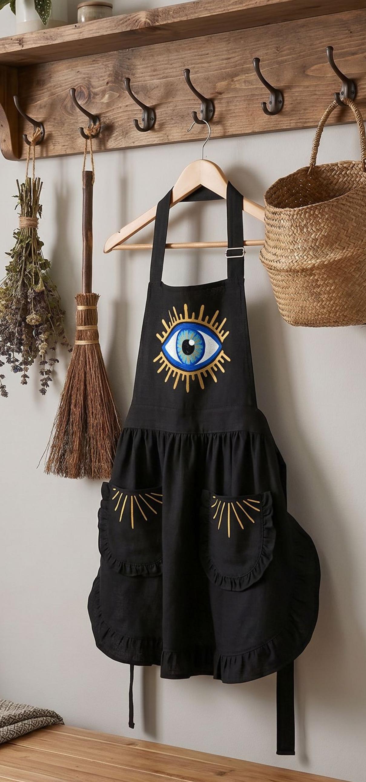 Evil Eye Ruffled Apron with Pockets, Whimsigoth Kitchen Decor, Magic Witchy Baking Apron for Women, Cute Cooking Gift