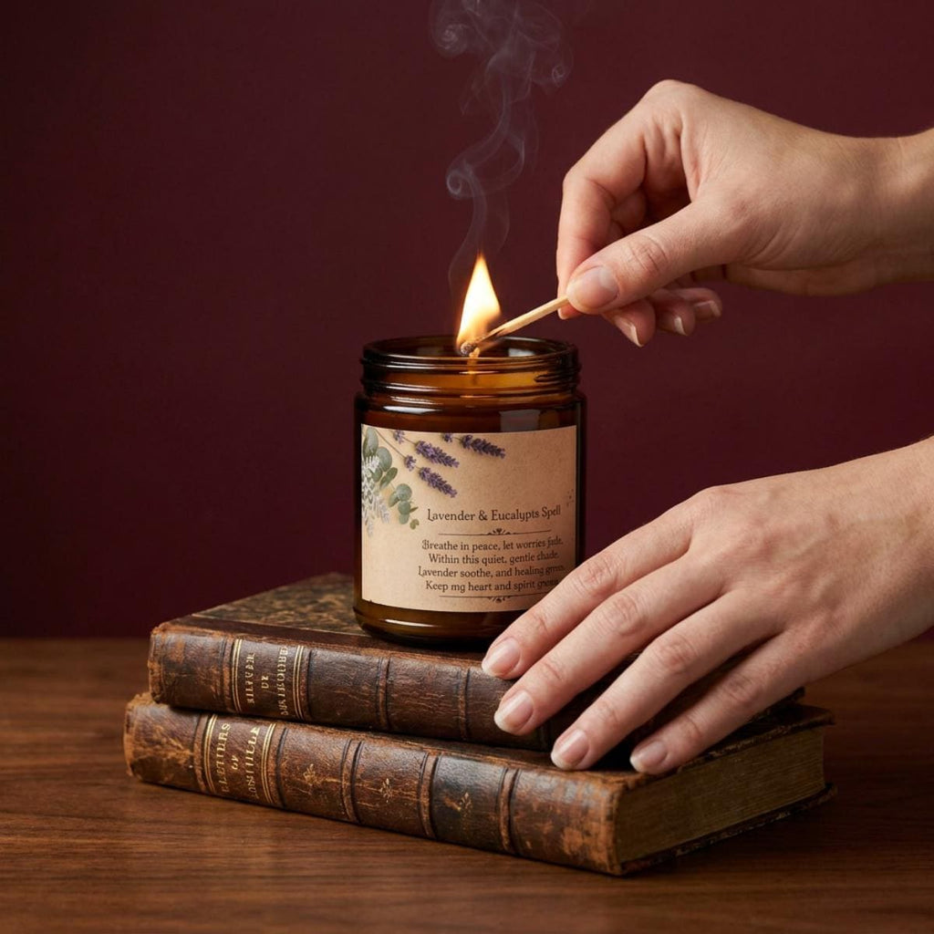 Eucalyptus Lavender Aromatherapy Soy Spell Candle - Healing Herb Aesthetic Crystal Candle, Long Lasting Relaxing Gift, Amber Jar