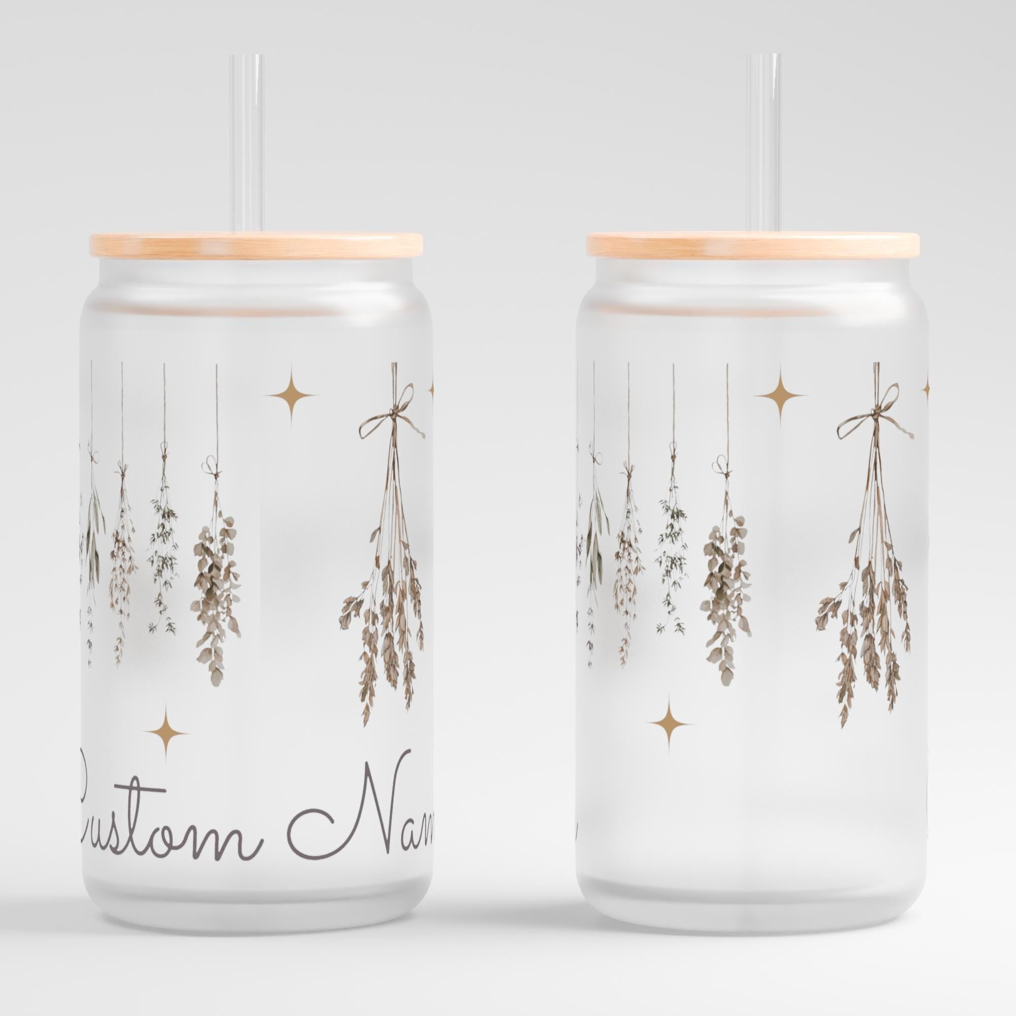 Personalized Hanging Herbs Frosted Glass Tumbler, Whimsigoth Iced Coffee Cup with Bamboo Lid, Moody Cottagecore Botanical Gift for Her, 16oz