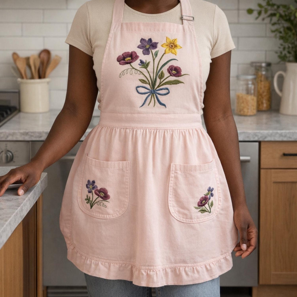 Dark Iris Ruffled Apron - Whimsigoth Kitchen Decor - Moody Cottagecore Floral Pinafore with Pockets - 90s Witchy Aesthetic Gift