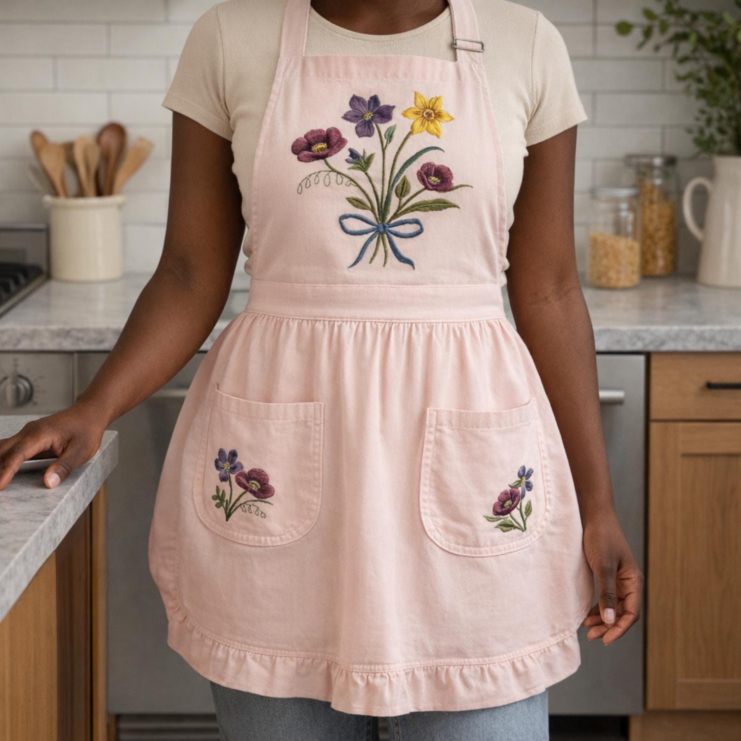 Dark Iris Ruffled Apron - Whimsigoth Kitchen Decor - Moody Cottagecore Floral Pinafore with Pockets - 90s Witchy Aesthetic Gift