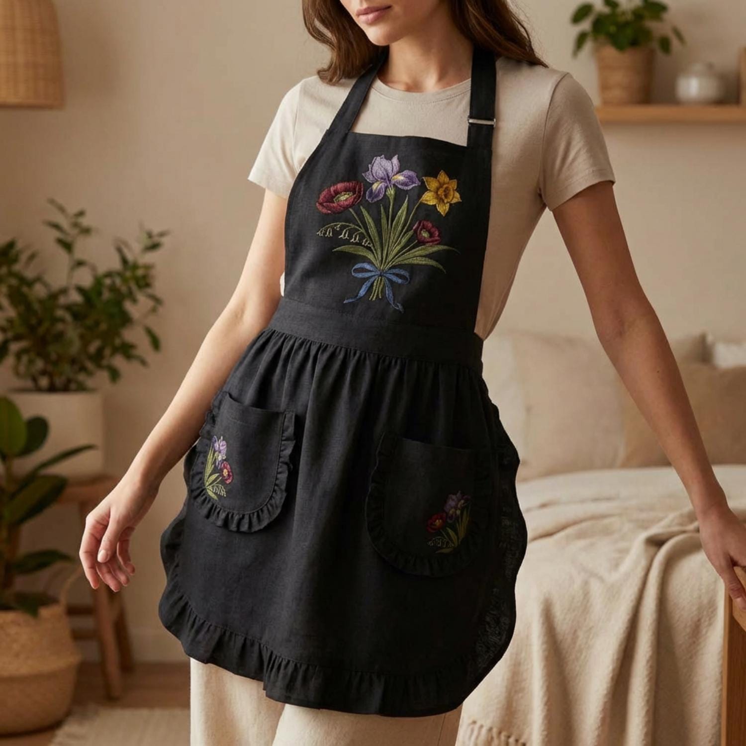 Dark Iris Ruffled Apron - Whimsigoth Kitchen Decor - Moody Cottagecore Floral Pinafore with Pockets - 90s Witchy Aesthetic Gift