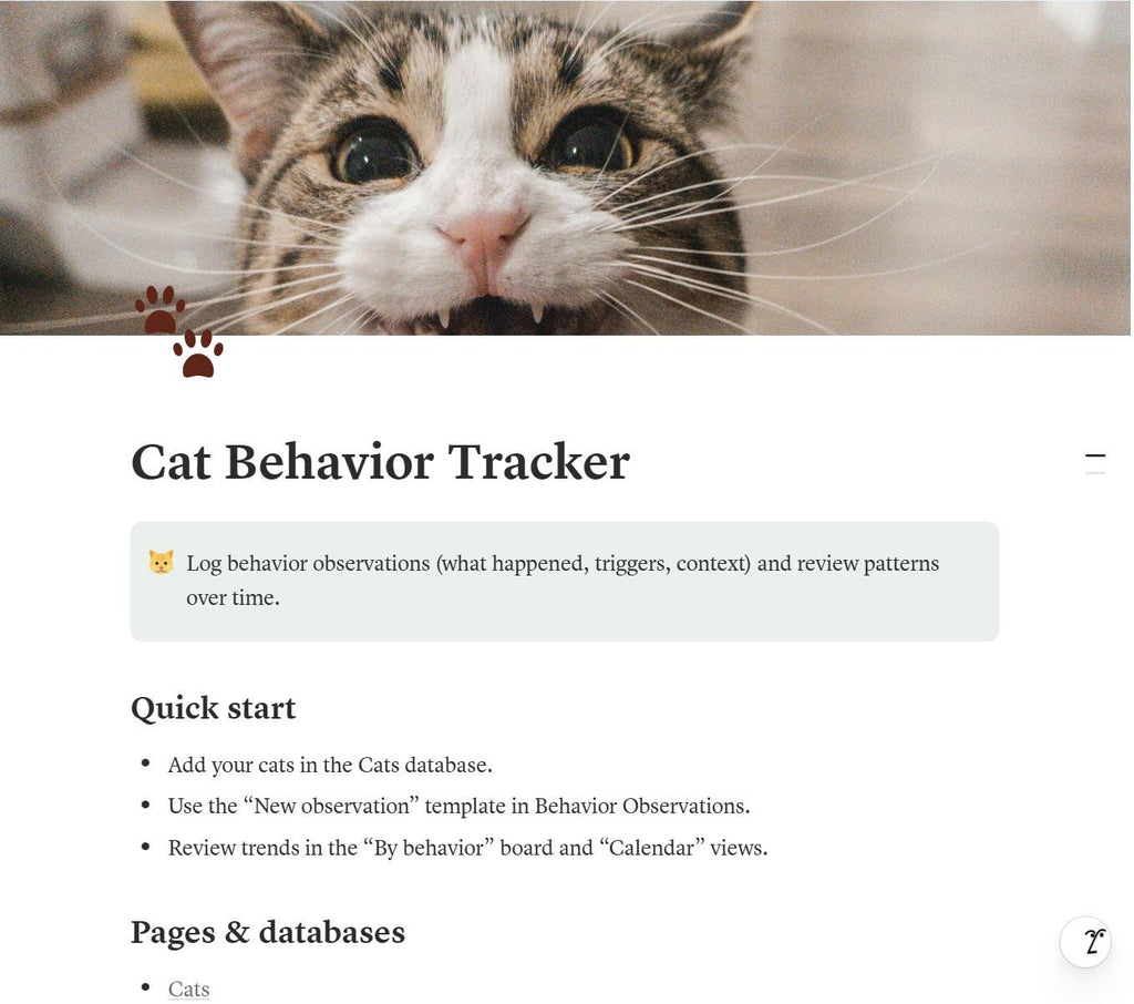 Notion Cat Behavior Tracker & Health Journal | Vet-Ready Pet Planner