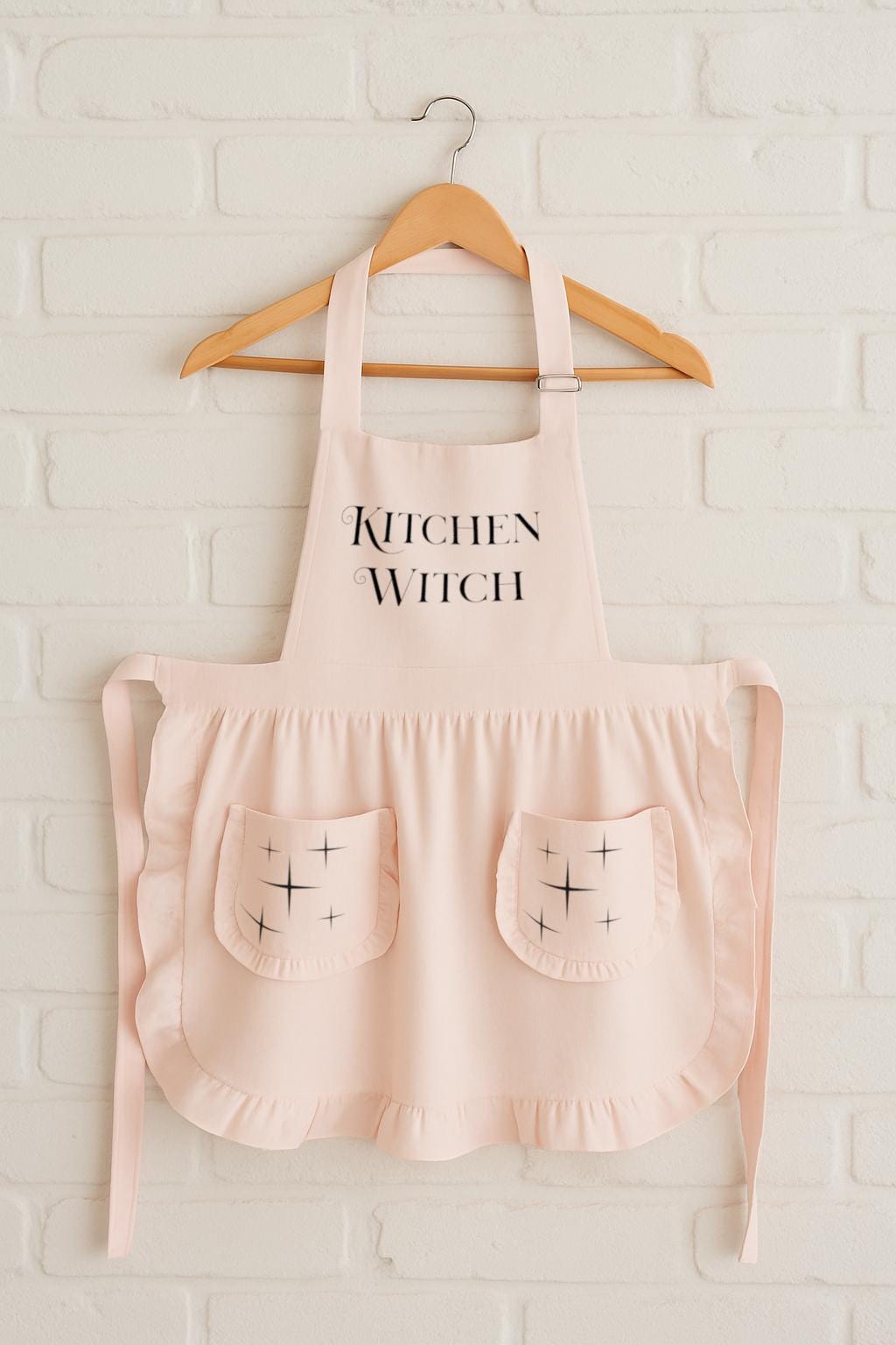 Celestial Witch Ruffled Apron Starry Wiccan Decor Pink & White Witchy Gift 90s Movie Magic Inspired Astrology Cooking Kitchen Witch