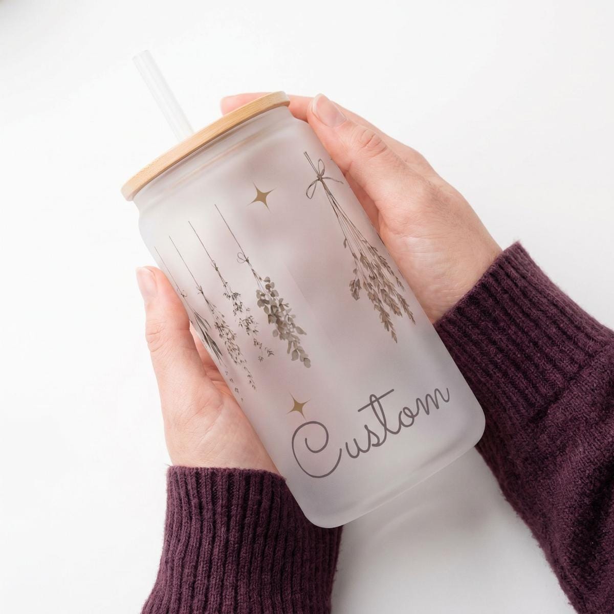 Personalized Hanging Herbs Frosted Glass Tumbler, Whimsigoth Iced Coffee Cup with Bamboo Lid, Moody Cottagecore Botanical Gift for Her, 16oz