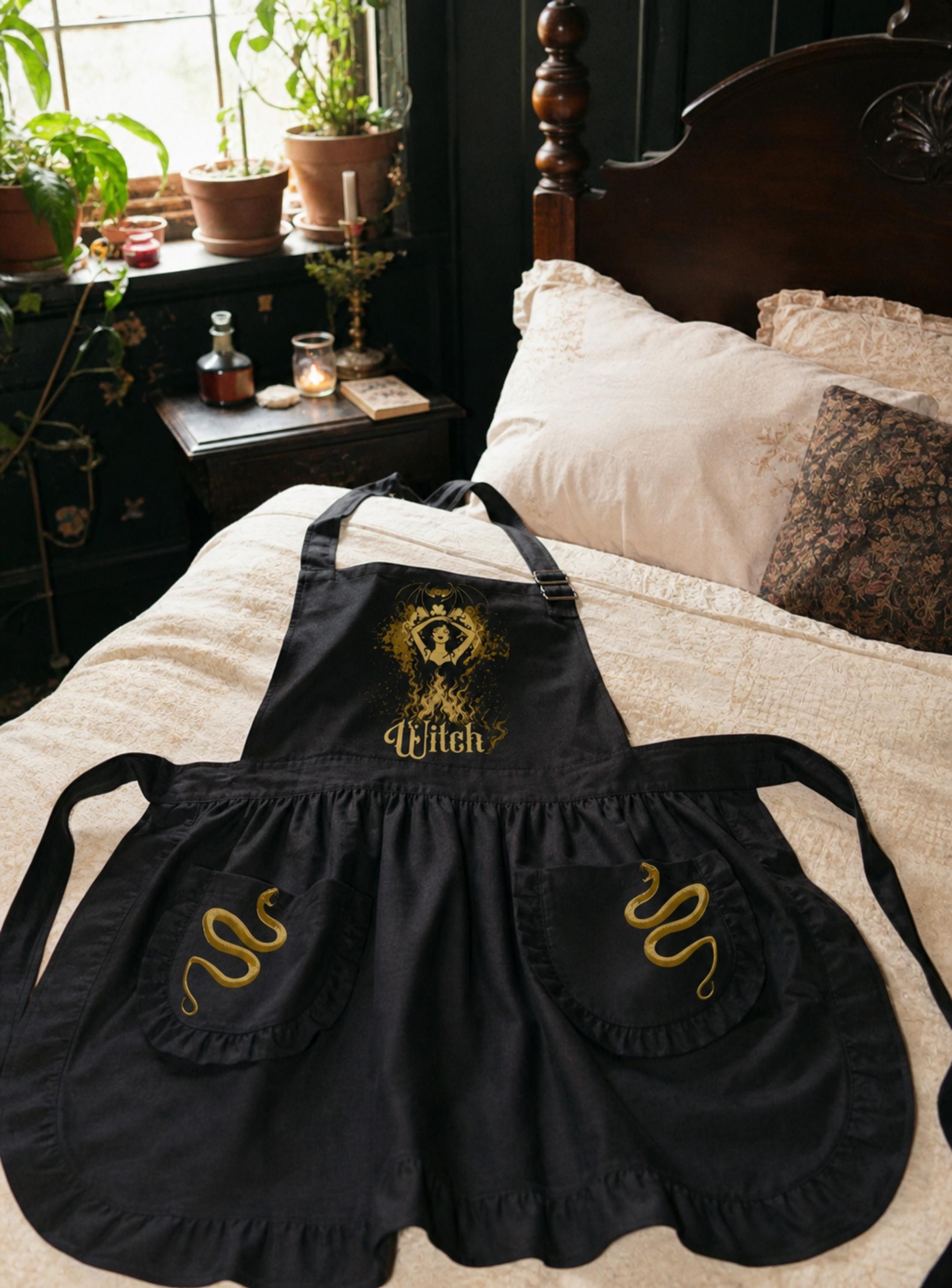 Goth Witch Ruffled Apron with Pockets, Whimsigoth Kitchen Decor, Black Cottagecore Apron for Baking, Gothic Gift for Her, Witchy Kitchenware