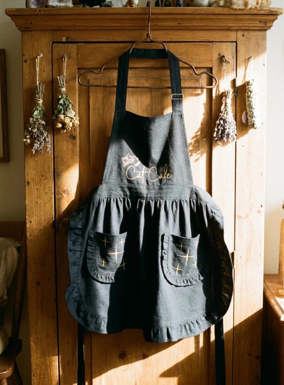 Midnight Cat Cafe Waitress Apron with Pockets, Custom Name With Ruffles Women, Whimsigoth Kitchen Decor, Retro Diner Style