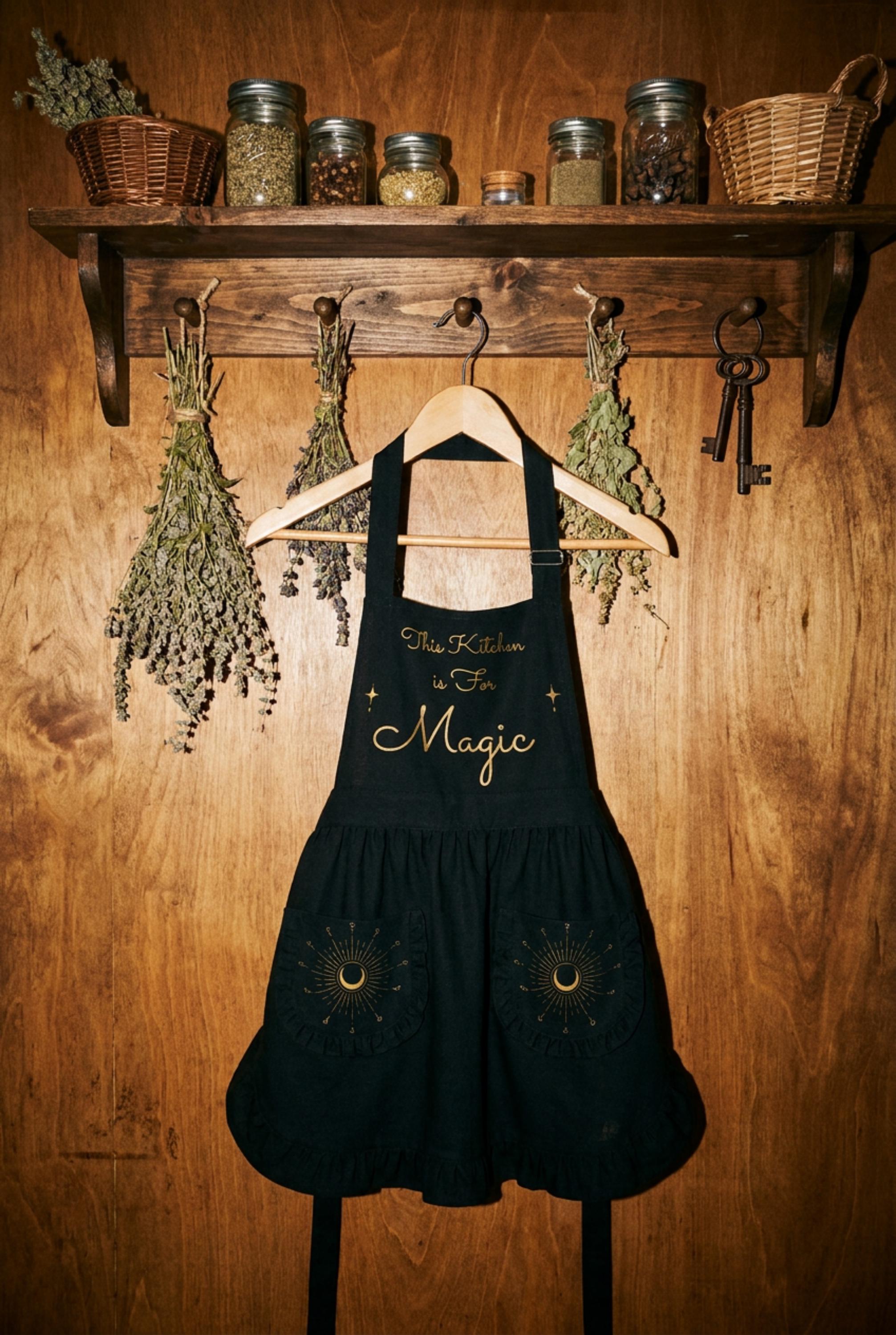 Whimsigoth Kitchen Apron with Pockets, Gothic Baking Gift for Her, This Kitchen Is For Magic Ruffled Pinafore, Witchy Home Decor Aesthetic