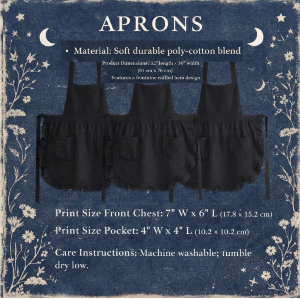 Kitchen Witch Ruffled Apron | Whimsigoth Gothic Kitchen Decor | Cute Black and Silver Cottagecore Pinafore with Pockets, Magic Baker Gift