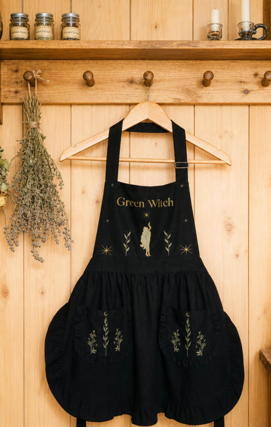 Green Witch Kitchen Apron for Herb Lovers, Cottagecore Gift for Her, Botanical Ruffled Pinafore for Gardeners, Whimsical Kitchen Witch Decor