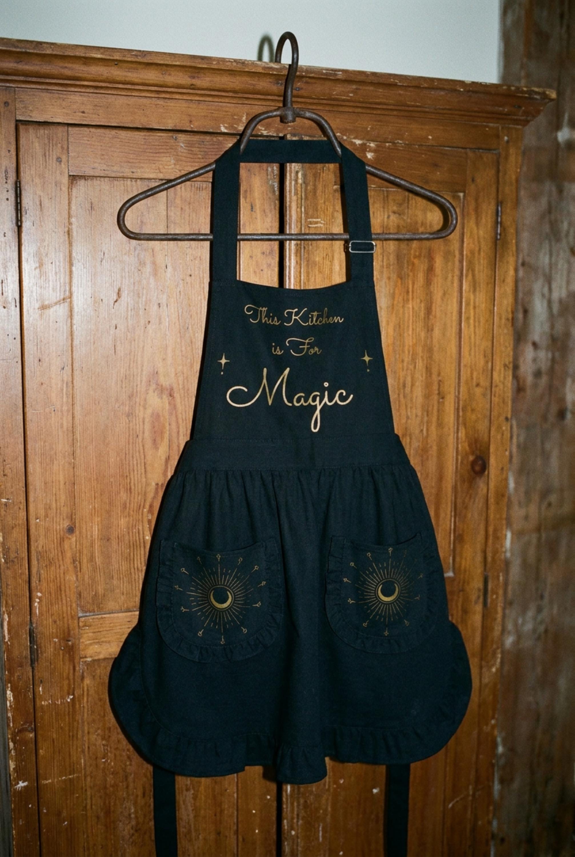 Whimsigoth Kitchen Apron with Pockets, Gothic Baking Gift for Her, This Kitchen Is For Magic Ruffled Pinafore, Witchy Home Decor Aesthetic