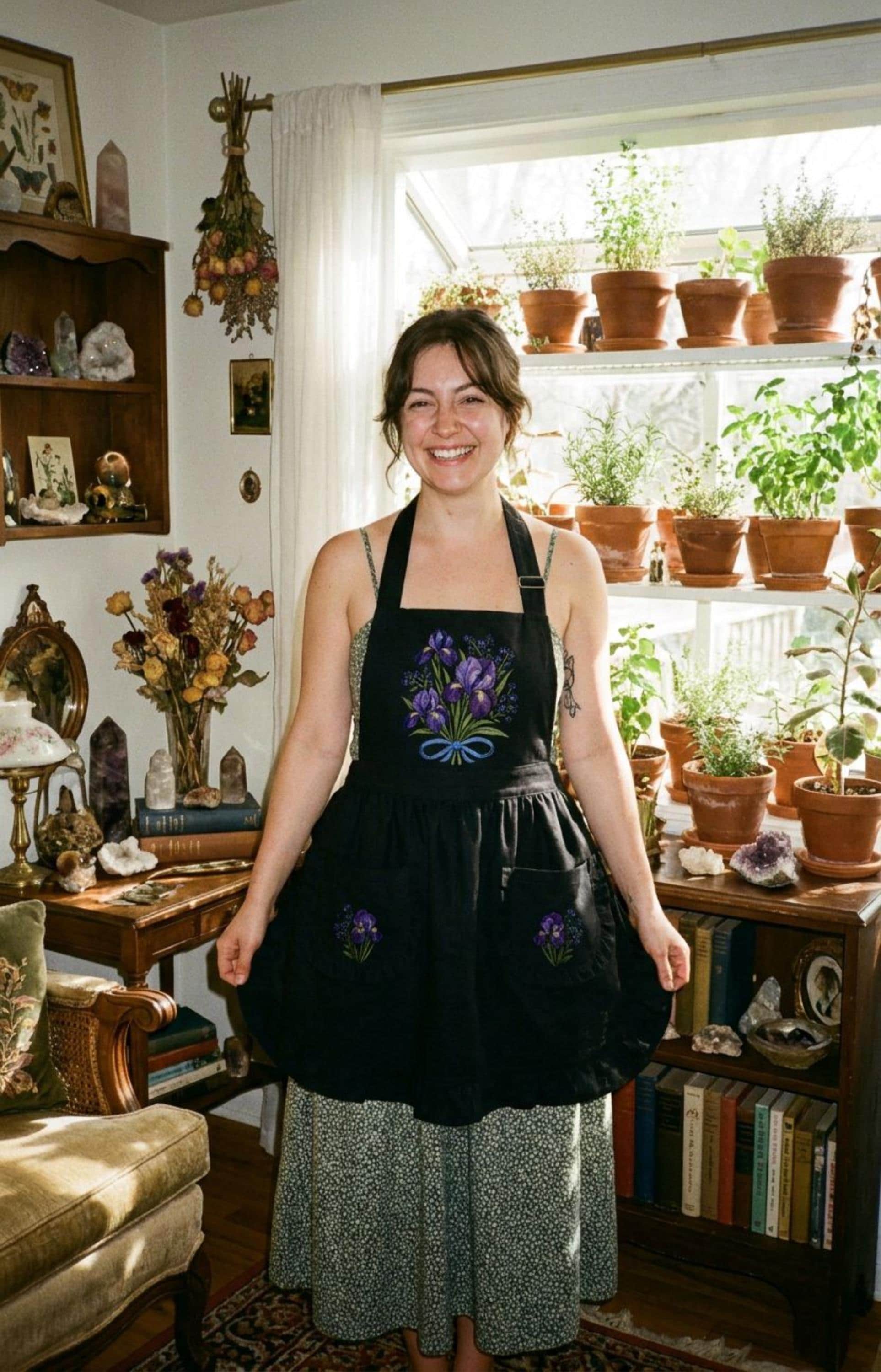 Purple Forget Me Not, Iris Ruffled Apron, Whimsigoth Kitchen Decor, Moody Cottagecore Floral Pinafore with Pockets 90s Witchy Aesthetic Gift