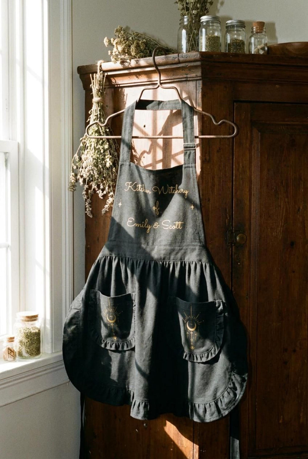 Kitchen Witchery Personalized Ruffled Apron – Custom Whimsigoth Cooking Apron with Pockets