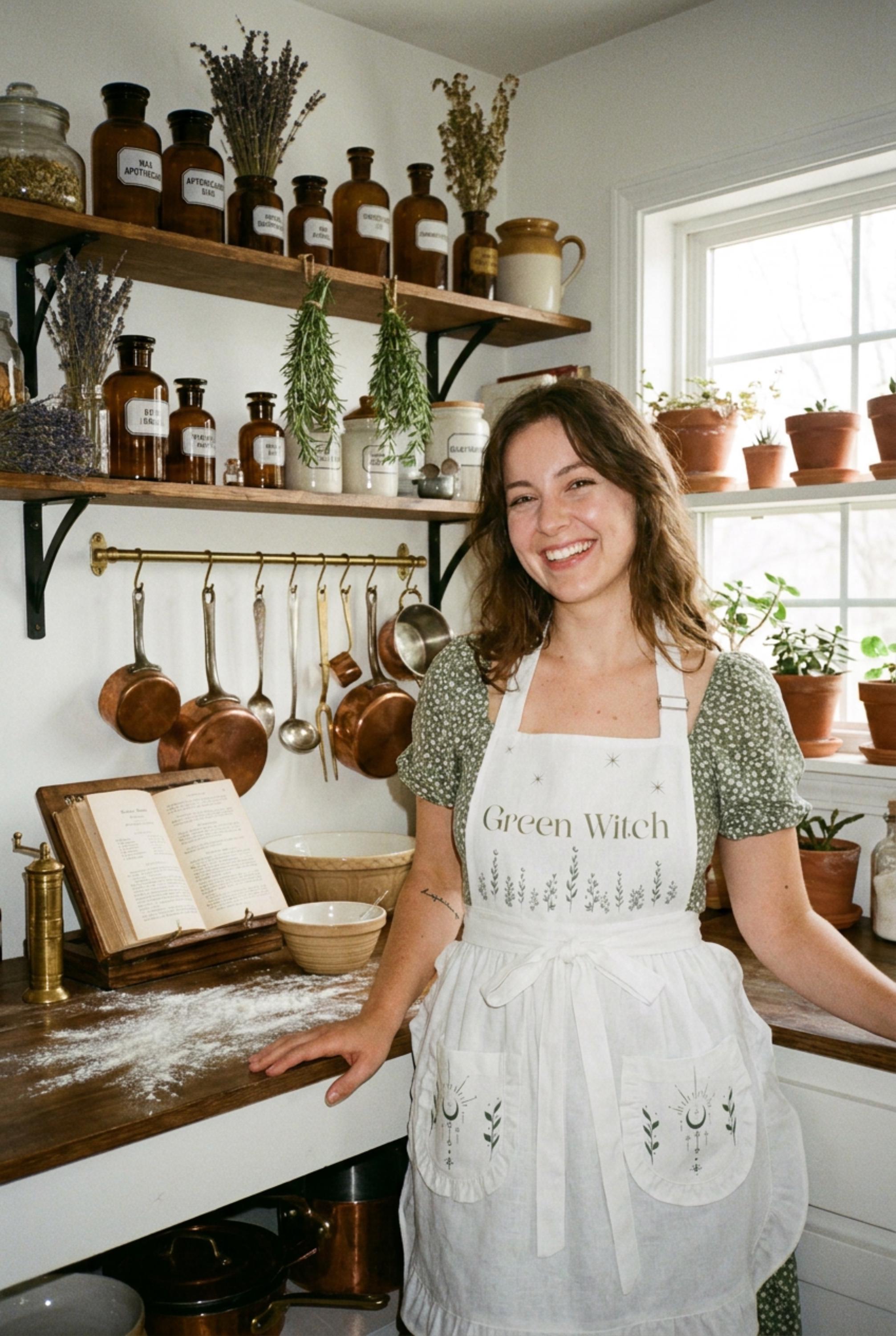 Green Witch Ruffled Apron with Pockets | Kitchen Witch Apothecary Garden Apron | Herbalist Gift for Her |Cottagecore Cooking Pinafore