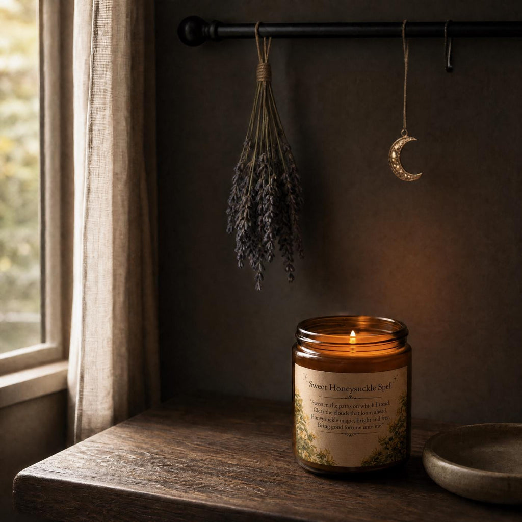 Sweet Honeysuckle Spell Candle – Amber Jar, Natural Soy Wax, Long Lasting Aromatherapy