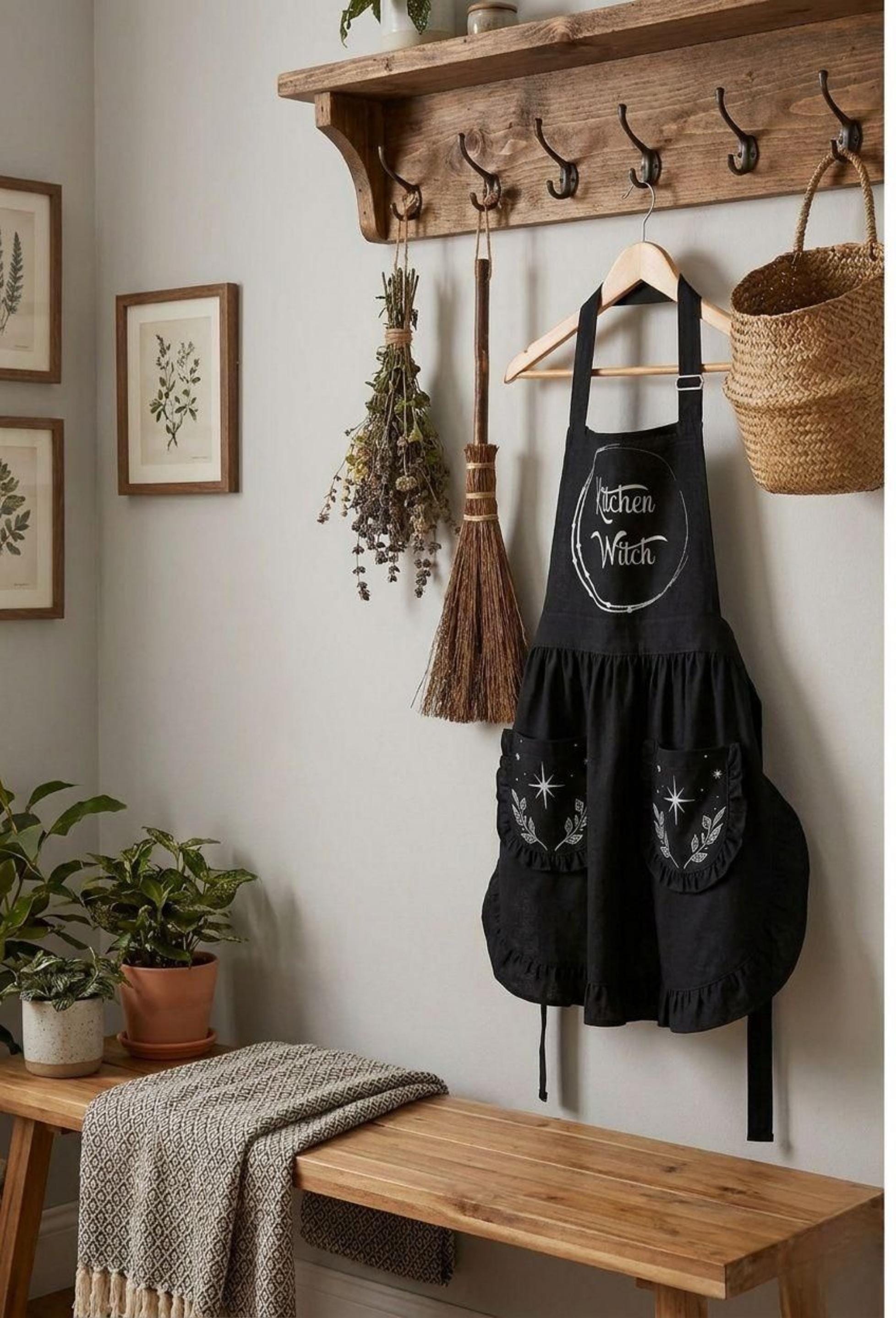 Kitchen Witch Ruffled Apron | Whimsigoth Gothic Kitchen Decor | Cute Black and Silver Cottagecore Pinafore with Pockets, Magic Baker Gift