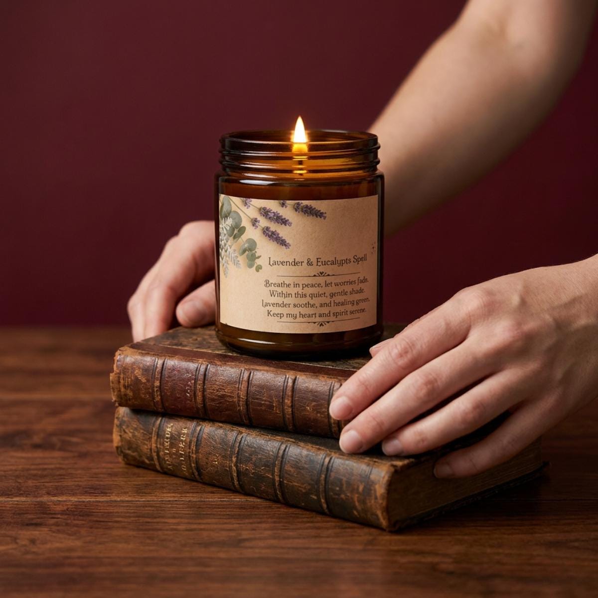 Eucalyptus Lavender Aromatherapy Soy Spell Candle - Healing Herb Aesthetic Crystal Candle, Long Lasting Relaxing Gift, Amber Jar