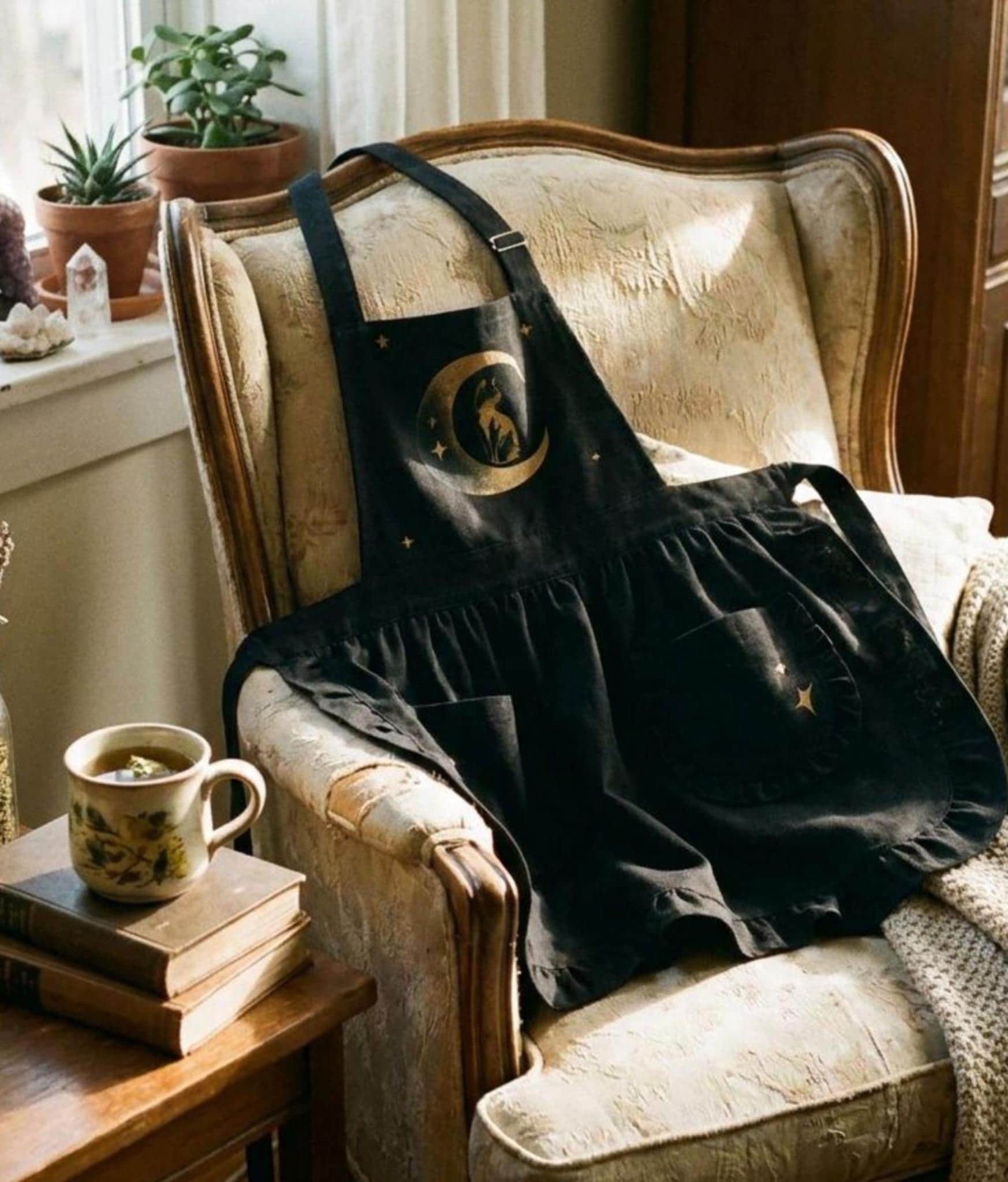 Moon Cat Ruffled Apron with Pockets, Whimsigoth Kitchen Decor, Witchy Baking Apron for Women, Goth Cottagecore Cook Gift, Magic Housewarming
