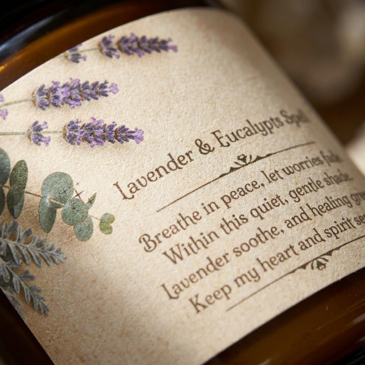 Eucalyptus Lavender Aromatherapy Soy Spell Candle - Healing Herb Aesthetic Crystal Candle, Long Lasting Relaxing Gift, Amber Jar