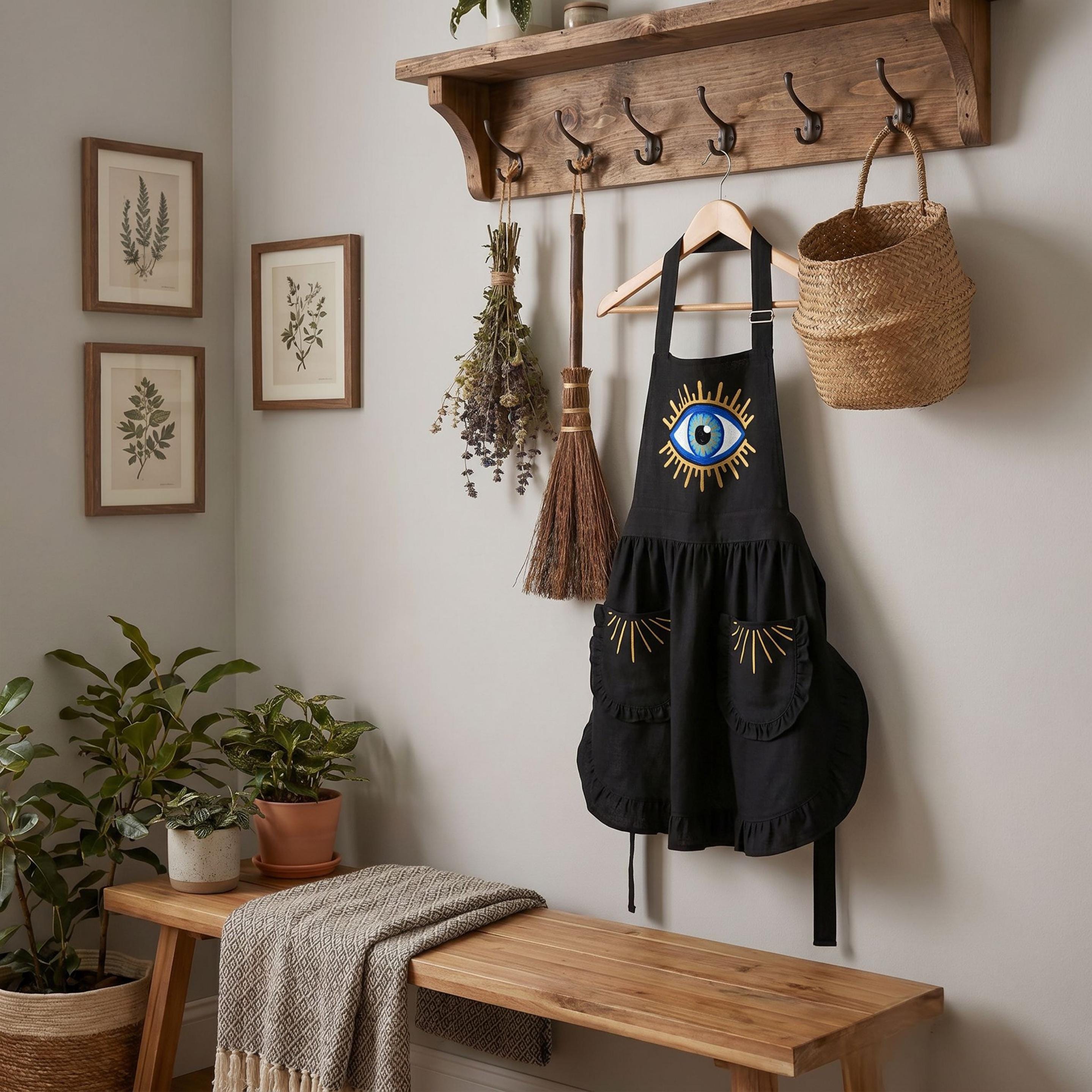 Evil Eye Ruffled Apron with Pockets, Whimsigoth Kitchen Decor, Magic Witchy Baking Apron for Women, Cute Cooking Gift
