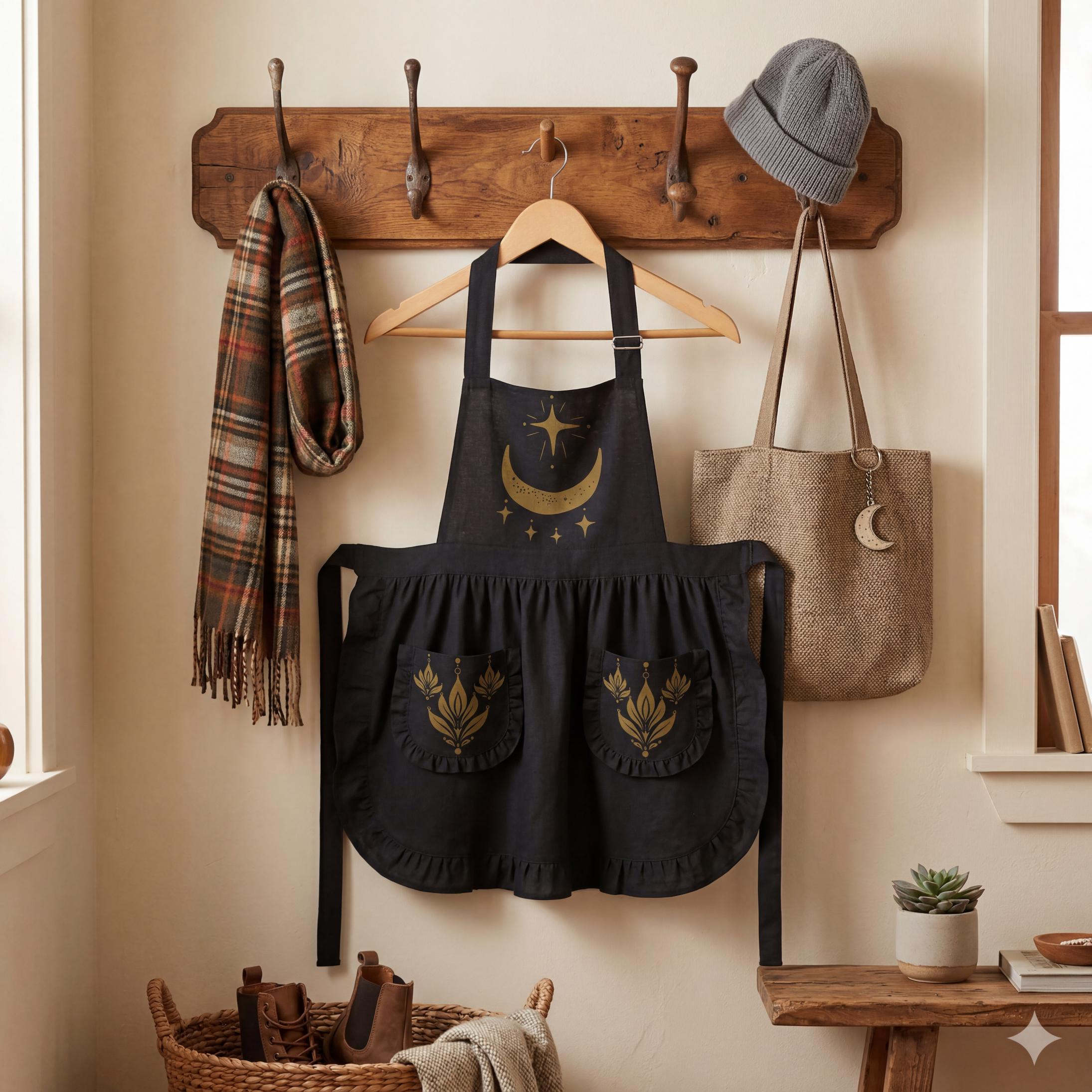 Celestial Kitchen Witch Ruffled Apron | Gothic Victorian Moon & Stars Hostess Pinafore with Pockets | Whimsigoth Gift for Her