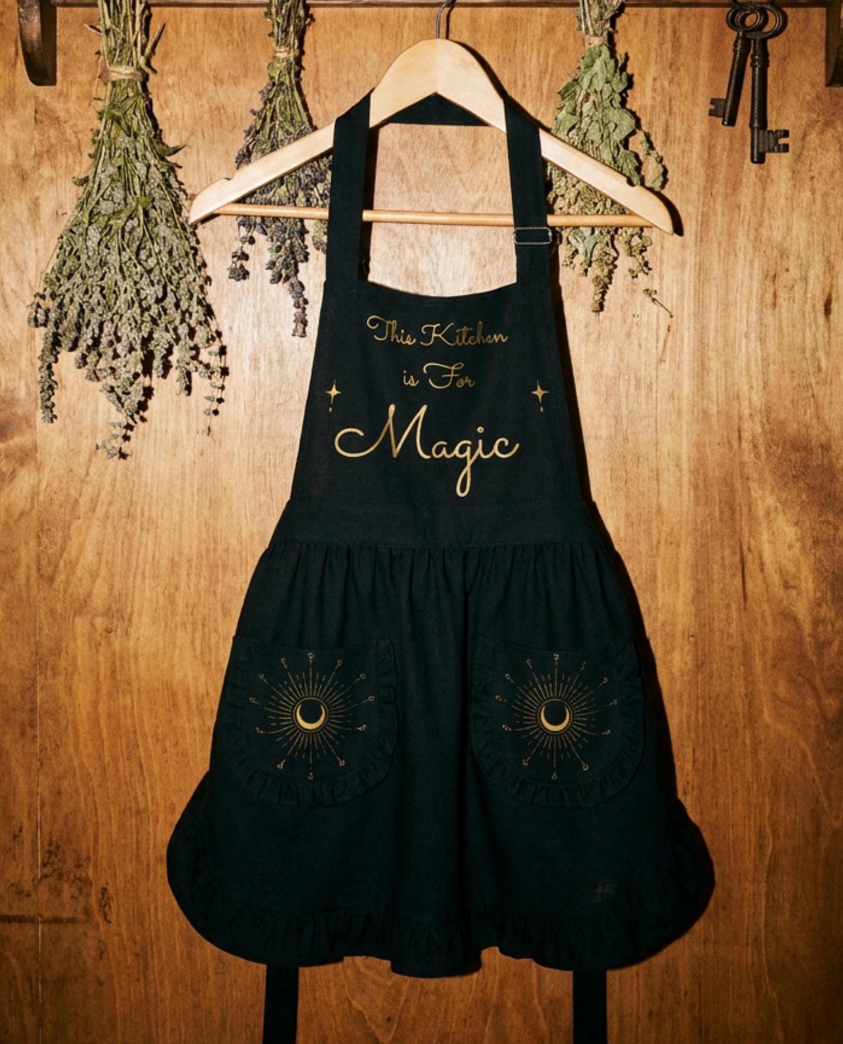 Whimsigoth Kitchen Apron with Pockets, Gothic Baking Gift for Her, This Kitchen Is For Magic Ruffled Pinafore, Witchy Home Decor Aesthetic