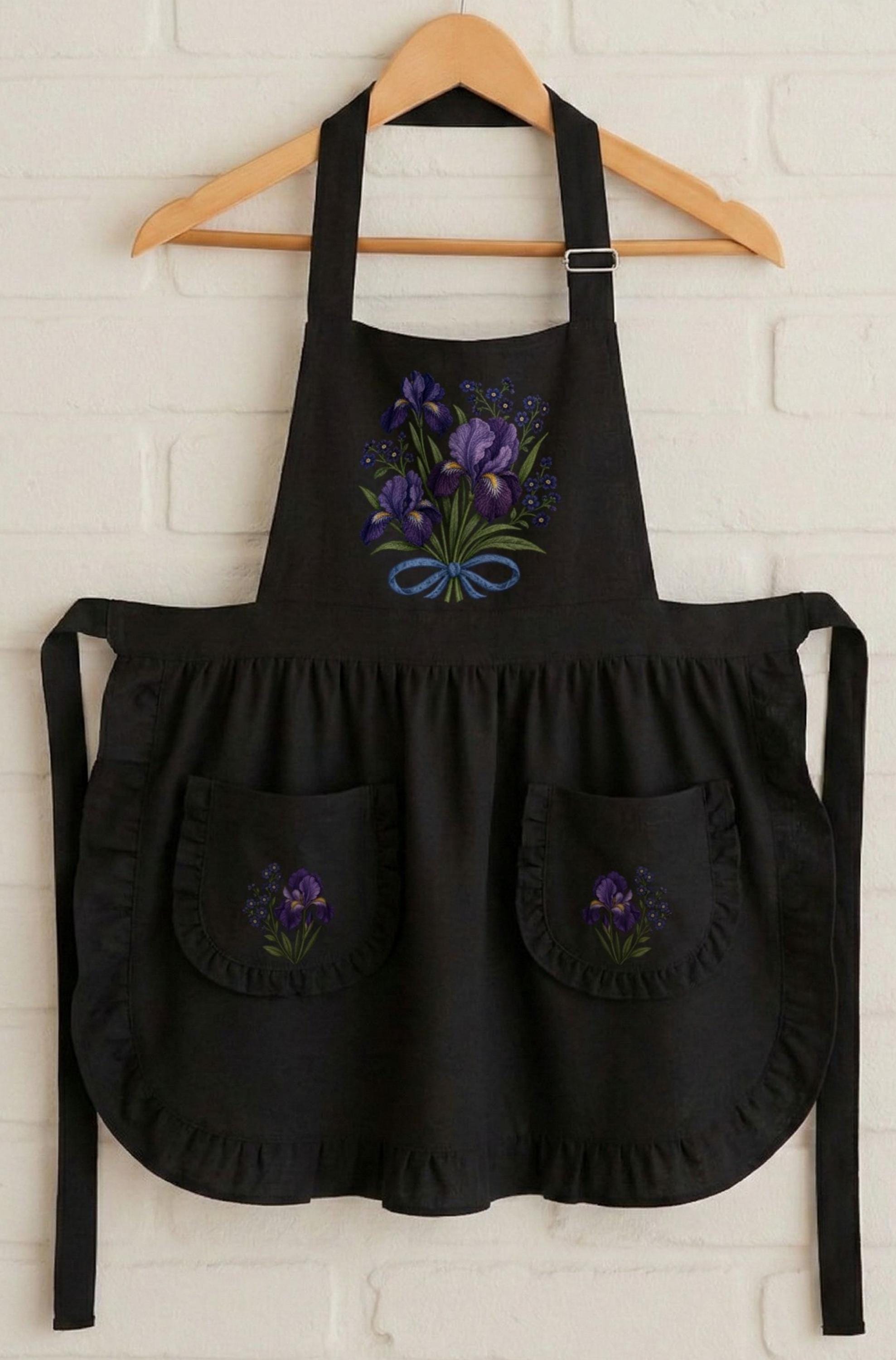 Purple Forget Me Not, Iris Ruffled Apron, Whimsigoth Kitchen Decor, Moody Cottagecore Floral Pinafore with Pockets 90s Witchy Aesthetic Gift