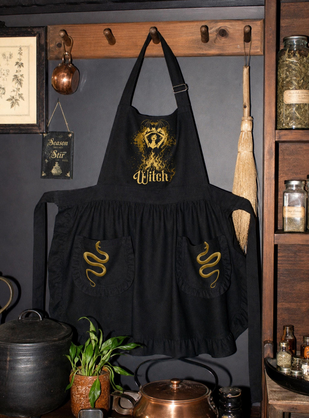 Goth Witch Ruffled Apron with Pockets, Whimsigoth Kitchen Decor, Black Cottagecore Apron for Baking, Gothic Gift for Her, Witchy Kitchenware