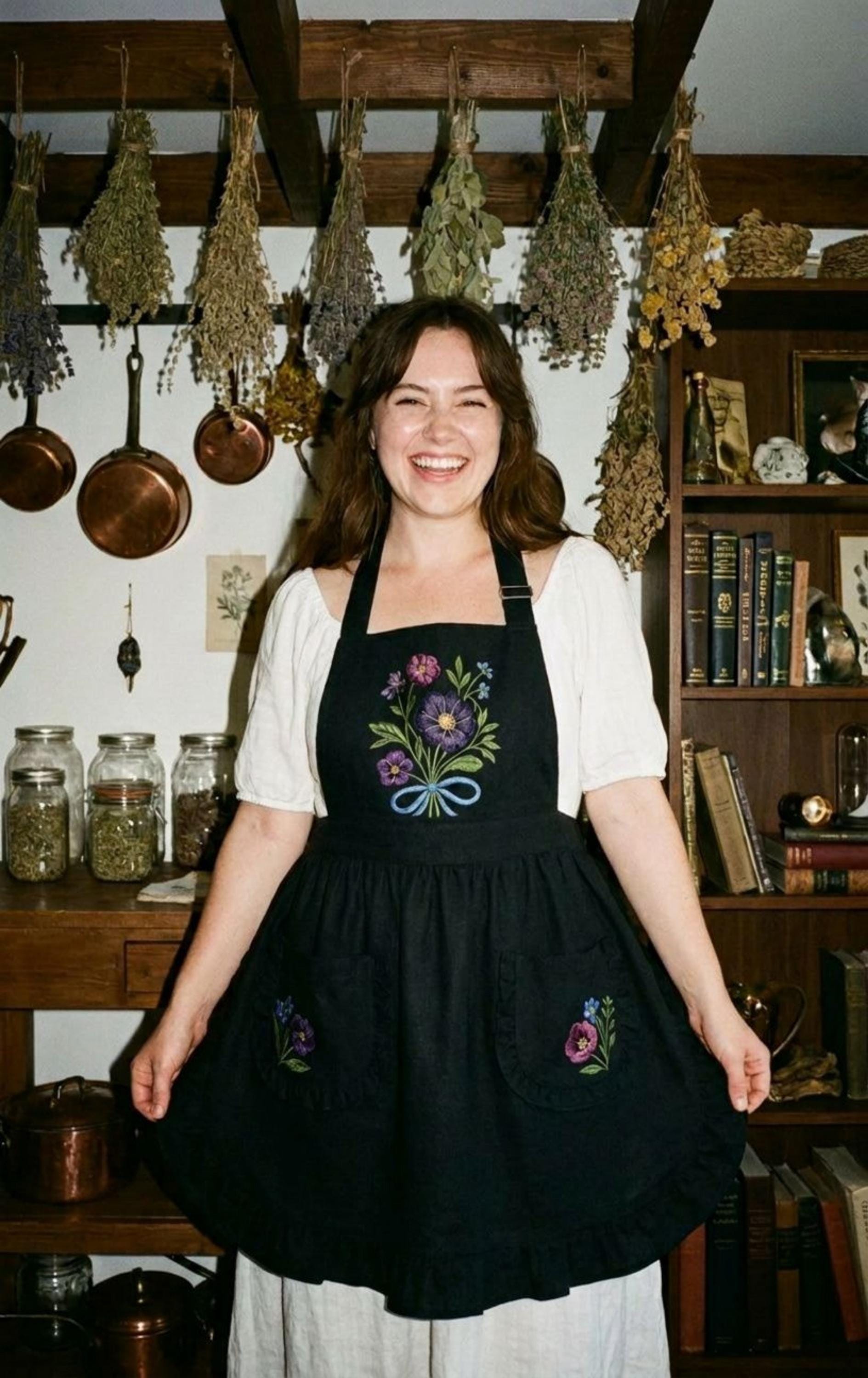 Forget Me Nots Ruffled Apron with Pockets, Vintage Floral Kitchen Decor, Cottagecore Baking Apron for Women, Dark Violet Flower Gift for Mom