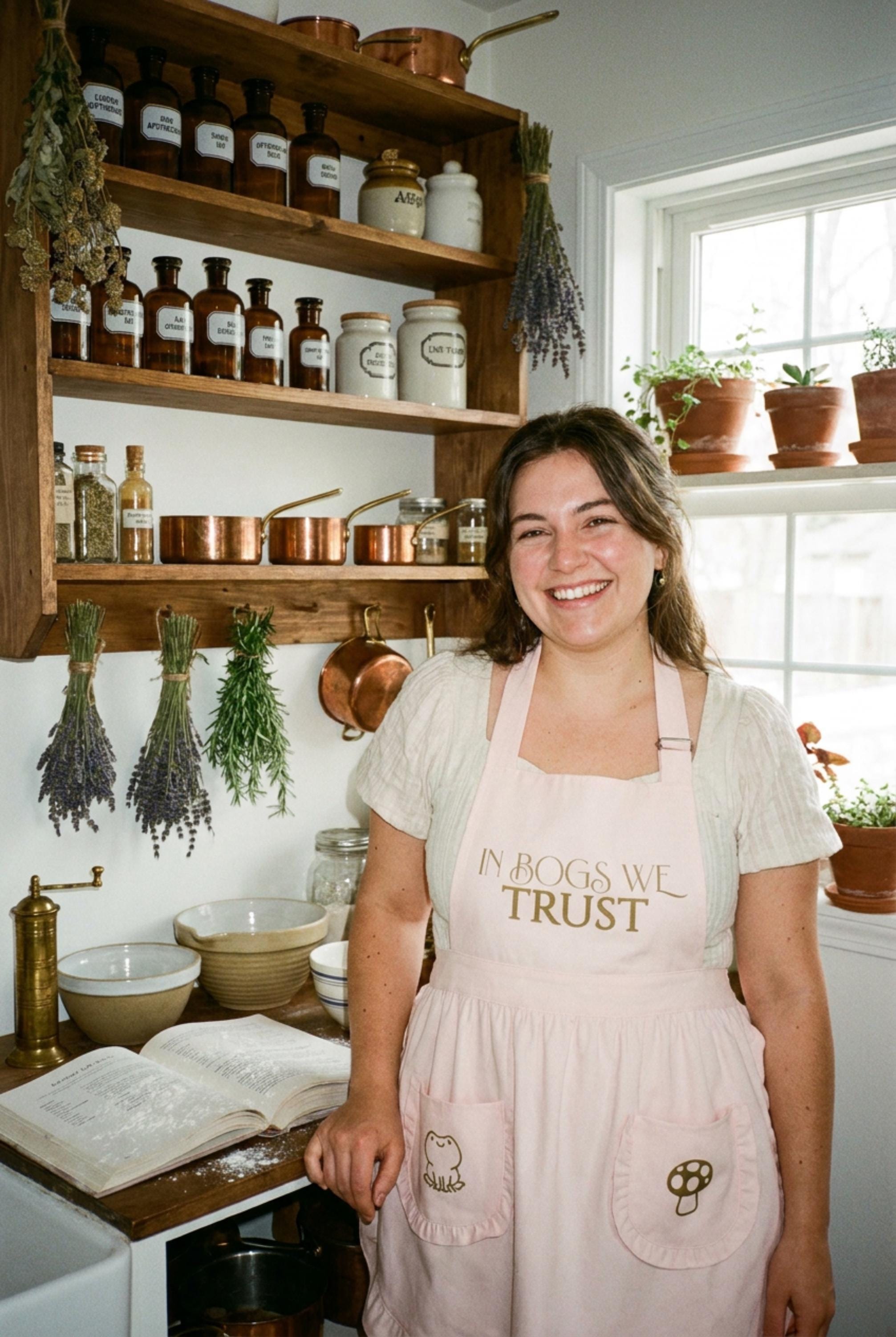 In Bogs We Trust Ruffled Apron with Pockets - Toad and Mushroom Kitchen  Cottagecore Baking Gift - Whimsigoth Gardening Apron