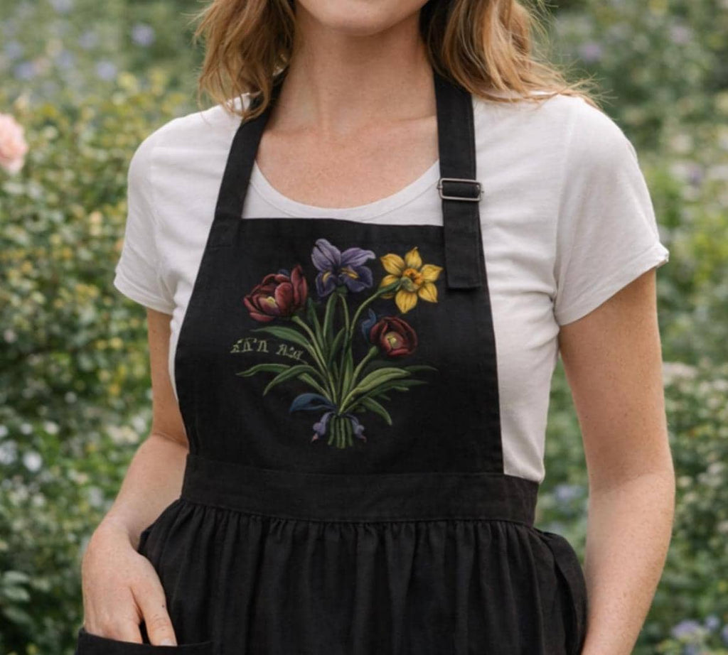 Dark Iris Ruffled Apron - Whimsigoth Kitchen Decor - Moody Cottagecore Floral Pinafore with Pockets - 90s Witchy Aesthetic Gift