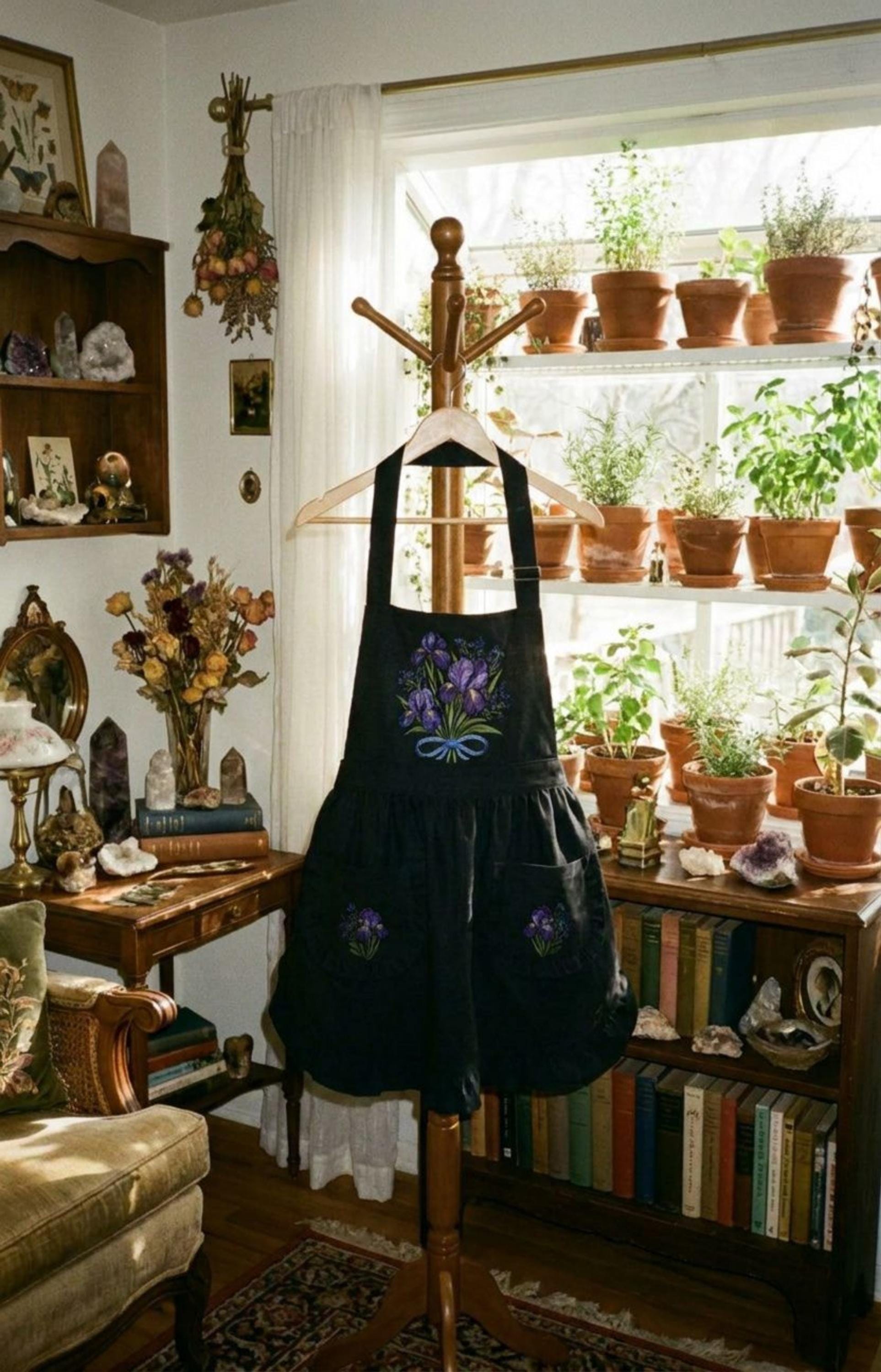 Purple Forget Me Not, Iris Ruffled Apron, Whimsigoth Kitchen Decor, Moody Cottagecore Floral Pinafore with Pockets 90s Witchy Aesthetic Gift