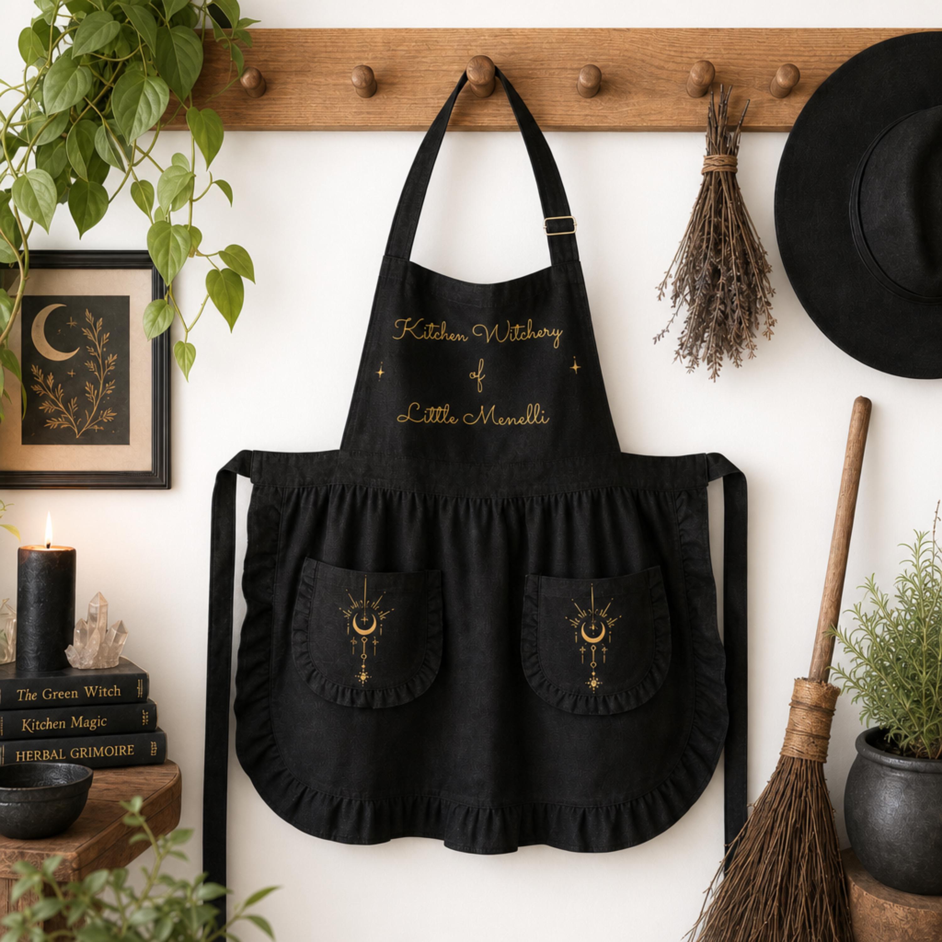 Kitchen Witchery Personalized Ruffled Apron – Custom Whimsigoth Cooking Apron with Pockets