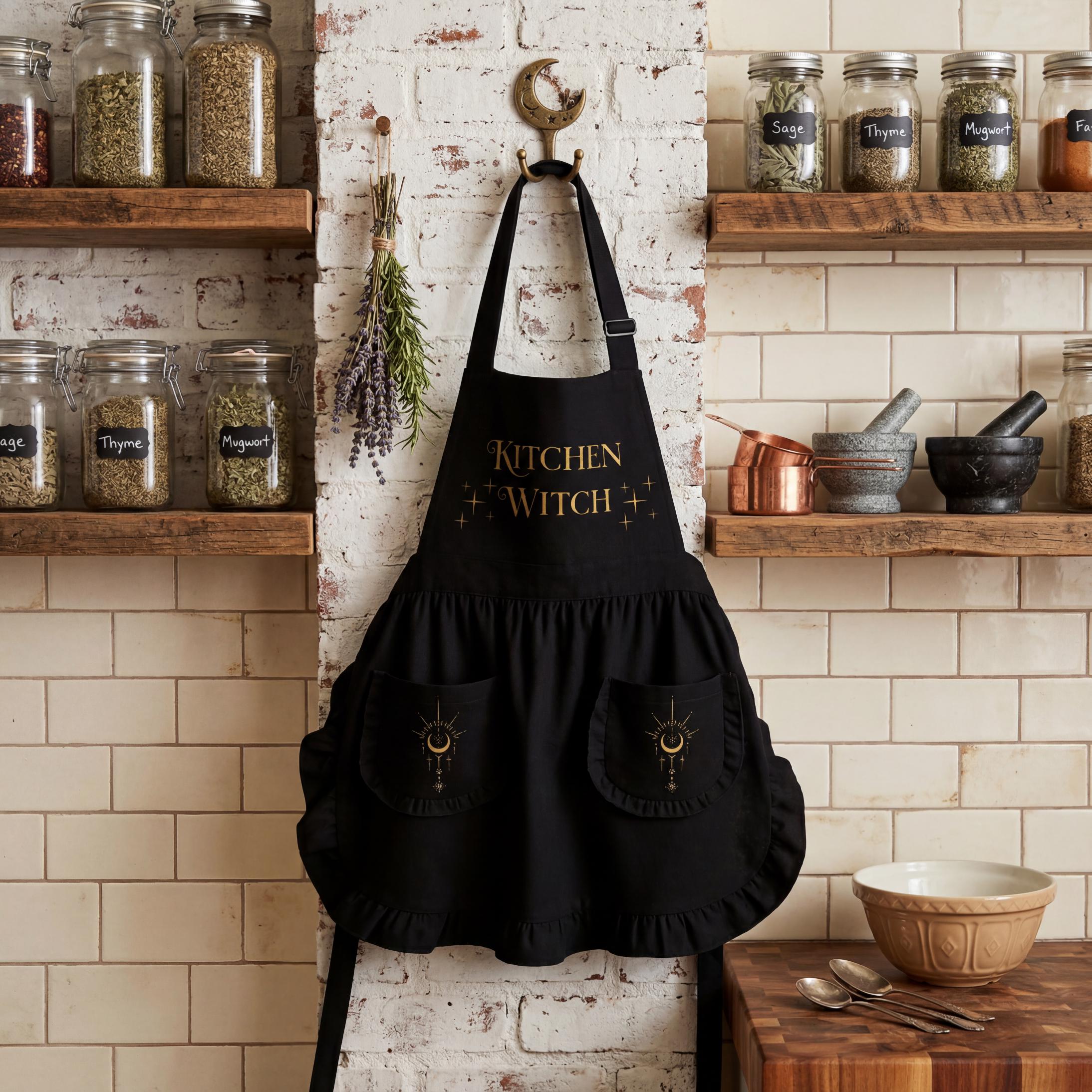 Kitchen Witch Ruffled Apron - Gothic Decor, Witchy Kitchen