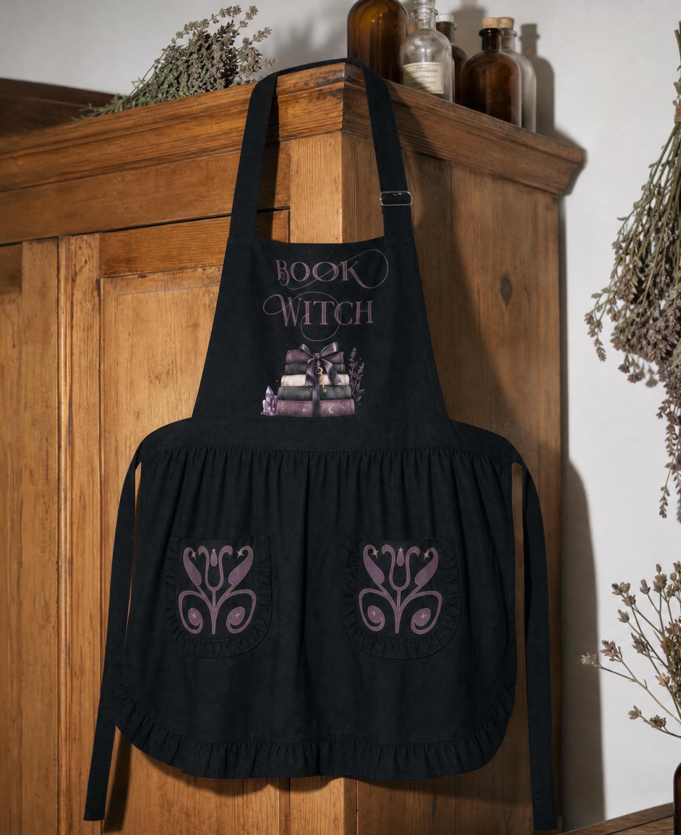 Dark Academia Bookish Apron with Ruffles, Library Aesthetic Kitchen Apron for Women, Bibliophile Gift, Vintage Style Herbology Pinafore