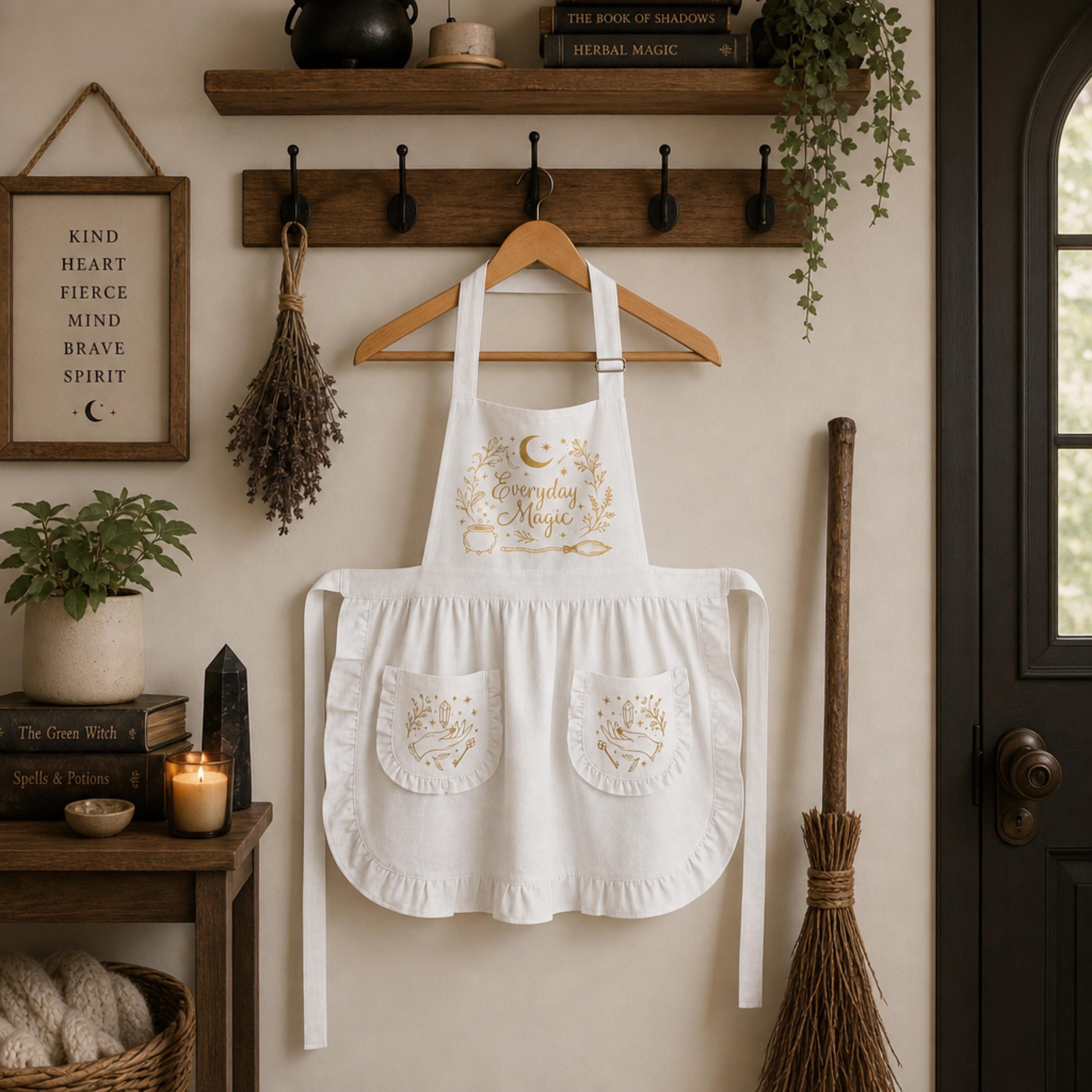 Whimsigoth Ruffled Apron with Pockets, Witchy Kitchen Decor, Cute Cottagecore Baking Gift for Her, Everyday Magic Poly-Cotton Ruffle Smock