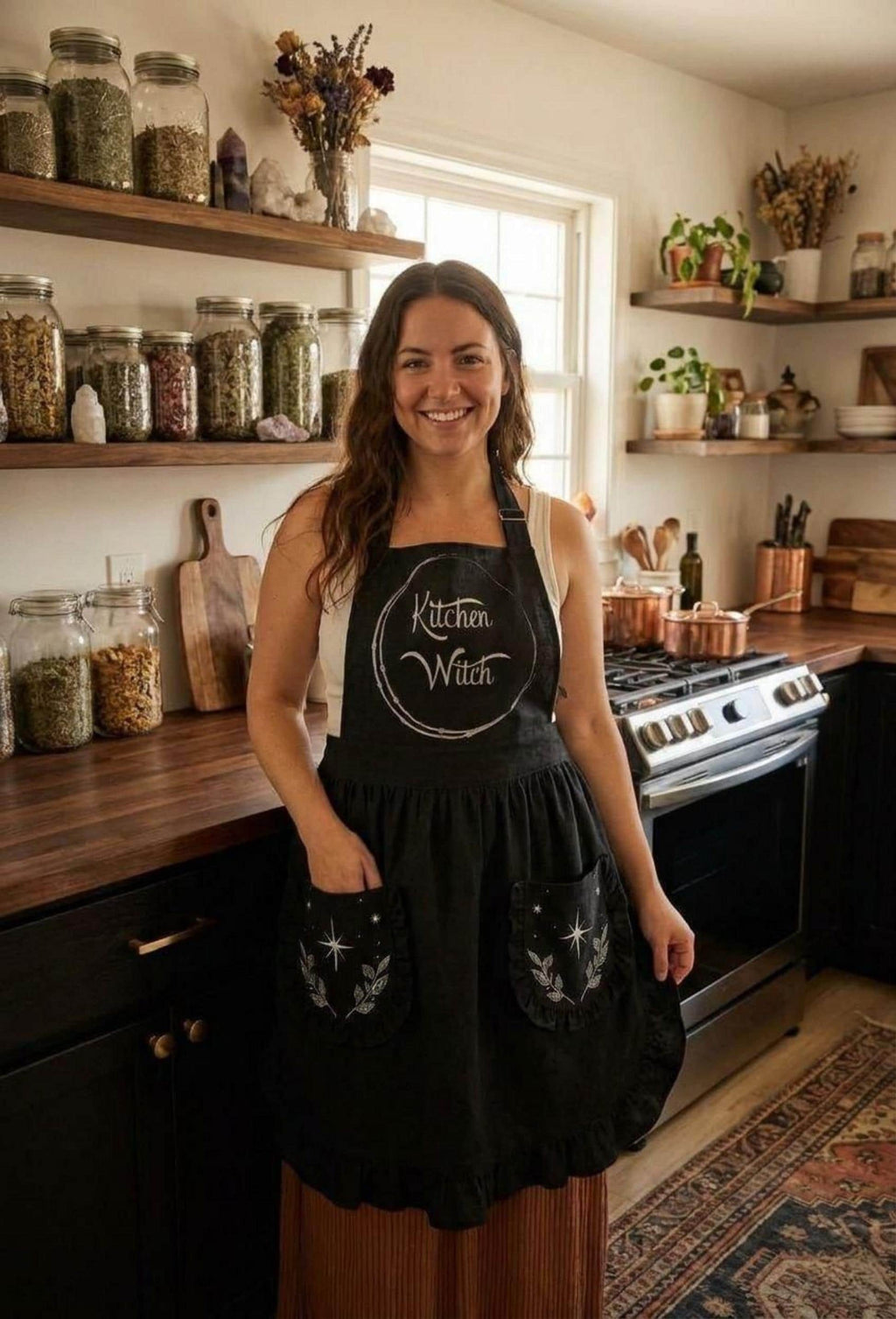 Kitchen Witch Ruffled Apron | Whimsigoth Gothic Kitchen Decor | Cute Black and Silver Cottagecore Pinafore with Pockets, Magic Baker Gift
