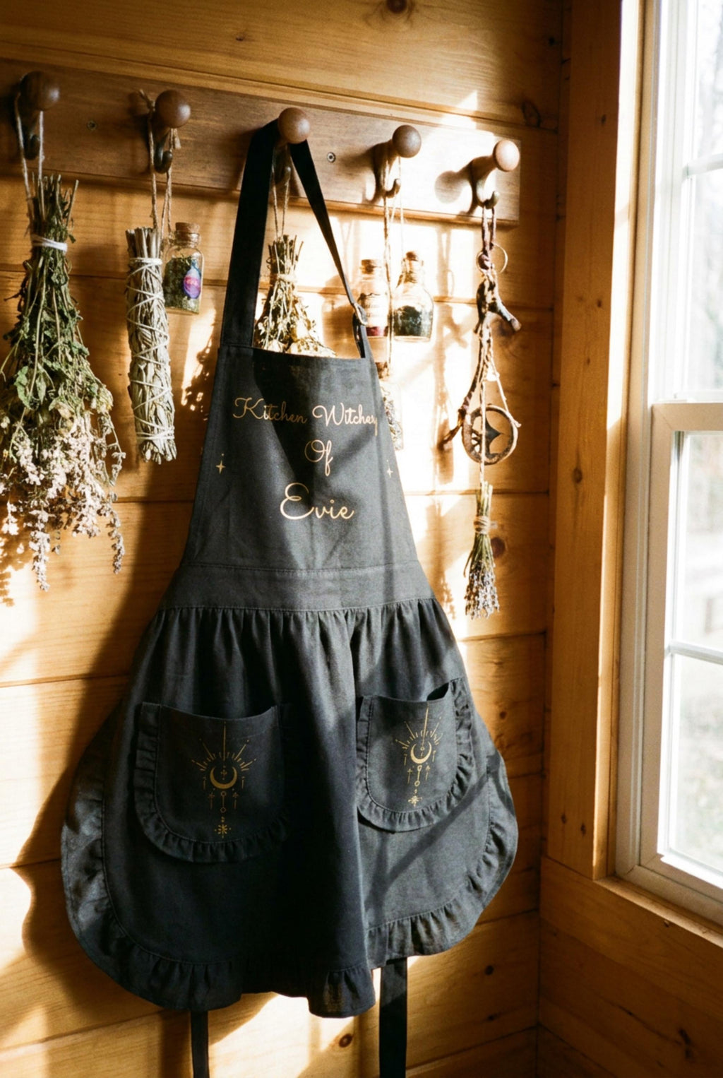 Kitchen Witchery Personalized Ruffled Apron – Custom Whimsigoth Cooking Apron with Pockets