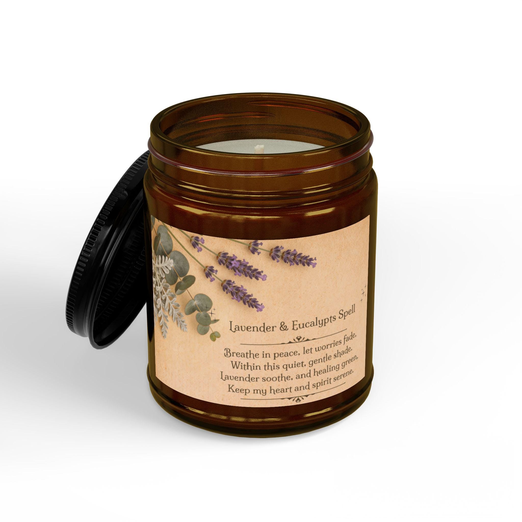 Eucalyptus Lavender Aromatherapy Soy Spell Candle - Healing Herb Aesthetic Crystal Candle, Long Lasting Relaxing Gift, Amber Jar