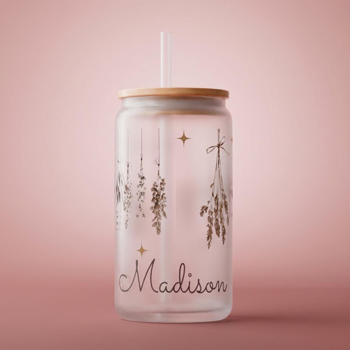 Personalized Hanging Herbs Frosted Glass Tumbler, Whimsigoth Iced Coffee Cup with Bamboo Lid, Moody Cottagecore Botanical Gift for Her, 16oz