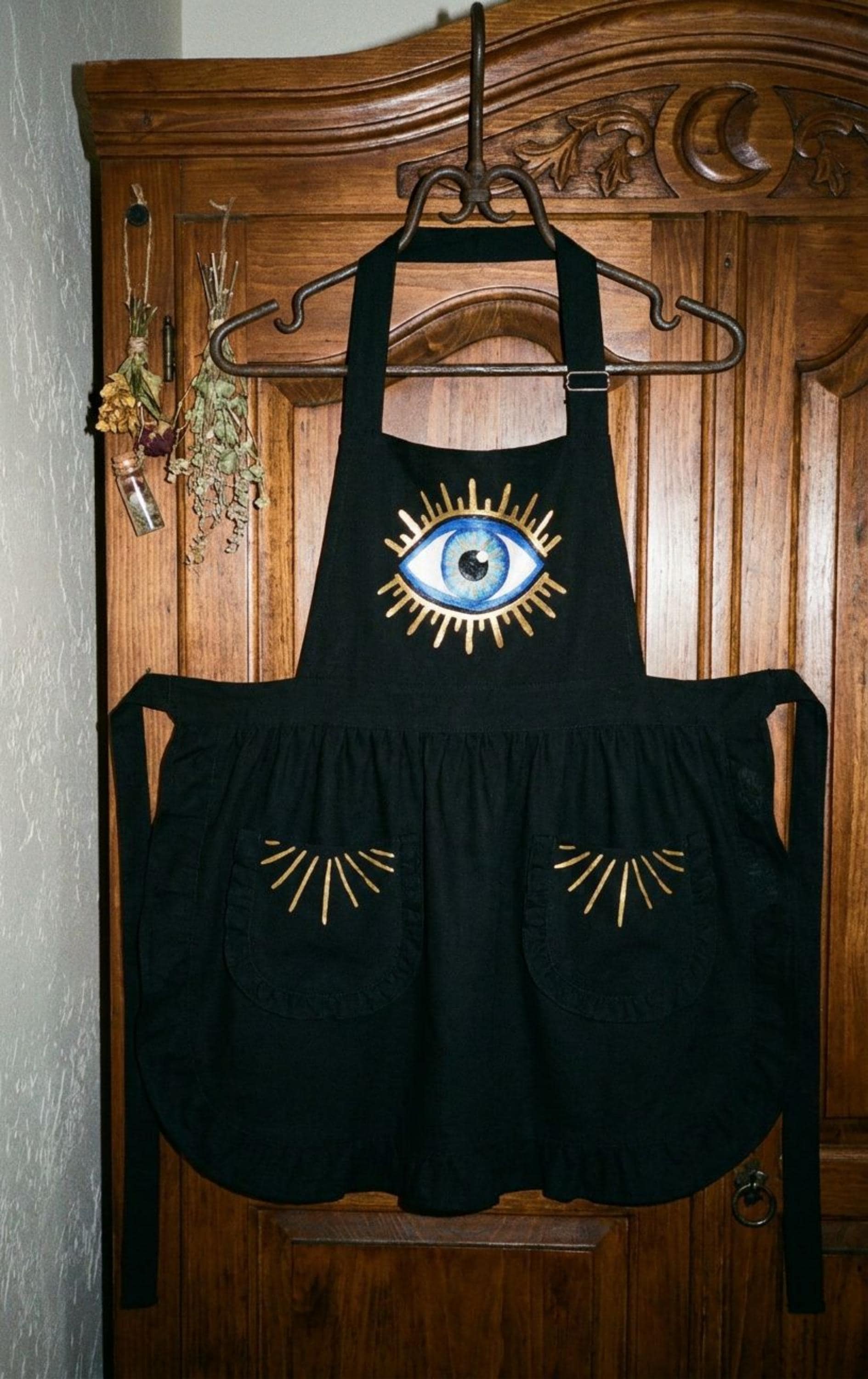 Evil Eye Ruffled Apron with Pockets, Whimsigoth Kitchen Decor, Magic Witchy Baking Apron for Women, Cute Cooking Gift