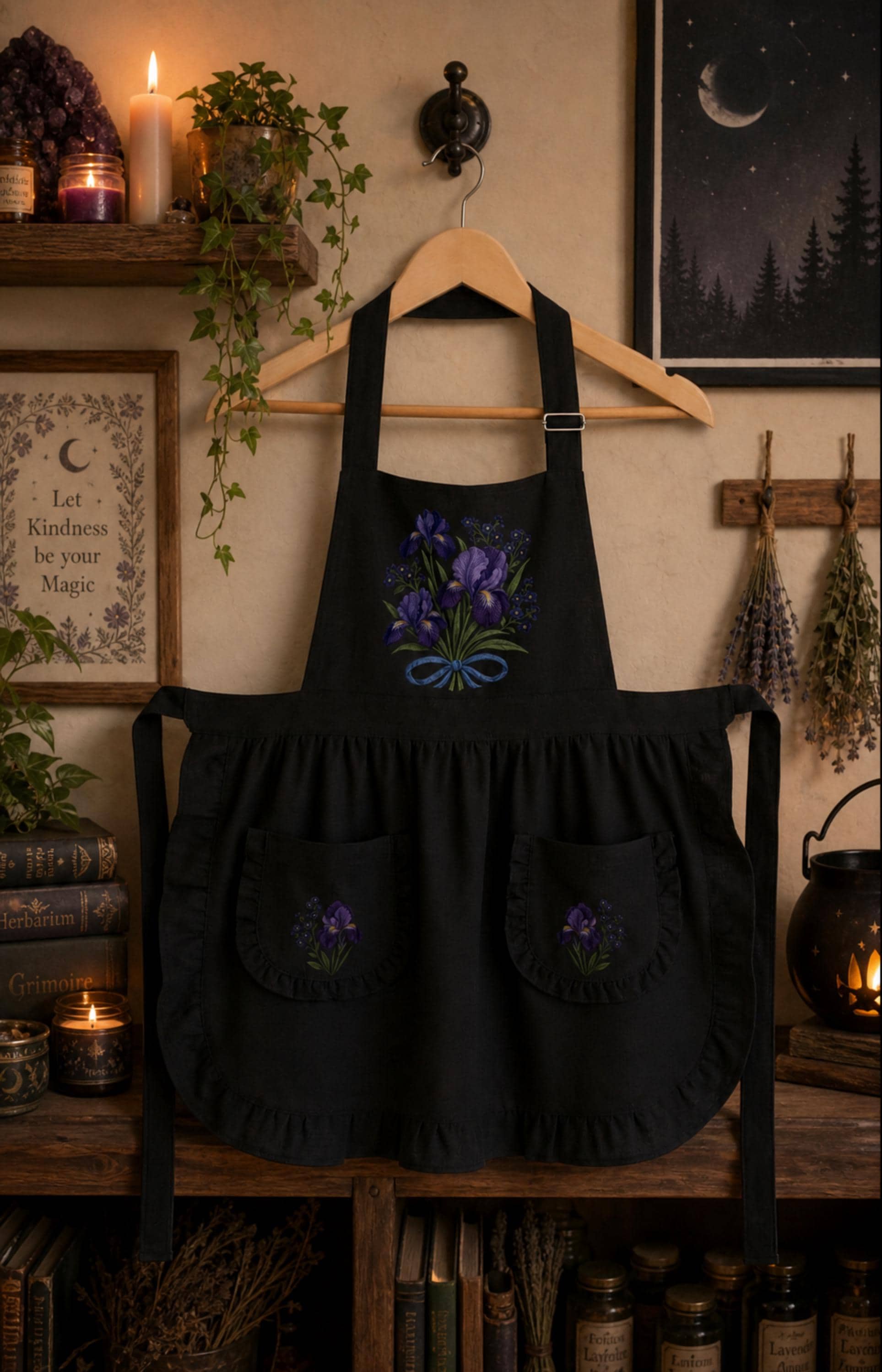Purple Forget Me Not, Iris Ruffled Apron, Whimsigoth Kitchen Decor, Moody Cottagecore Floral Pinafore with Pockets 90s Witchy Aesthetic Gift