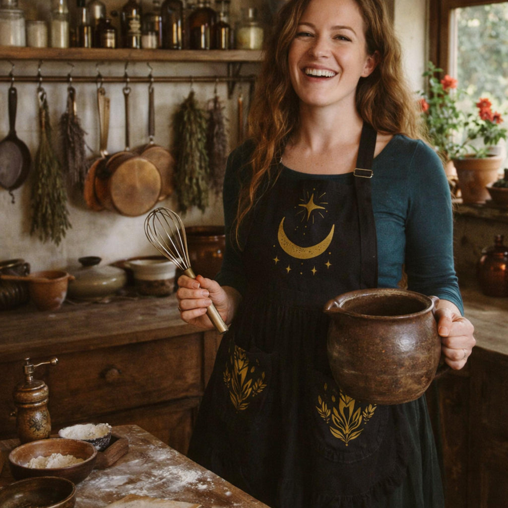 Celestial Kitchen Witch Ruffled Apron | Gothic Victorian Moon & Stars Hostess Pinafore with Pockets | Whimsigoth Gift for Her