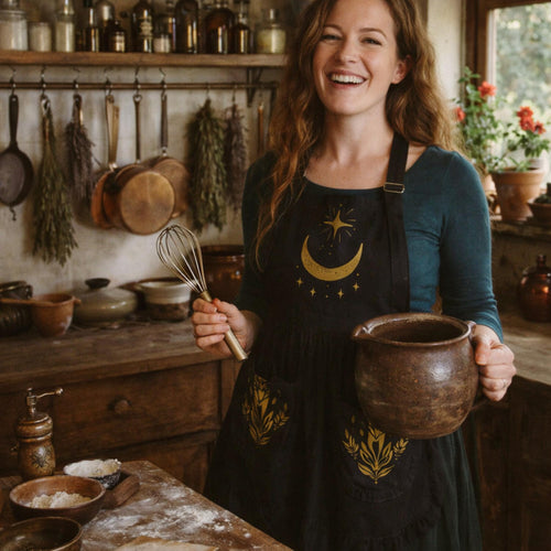 Celestial Kitchen Witch Ruffled Apron | Gothic Victorian Moon & Stars Hostess Pinafore with Pockets | Whimsigoth Gift for Her